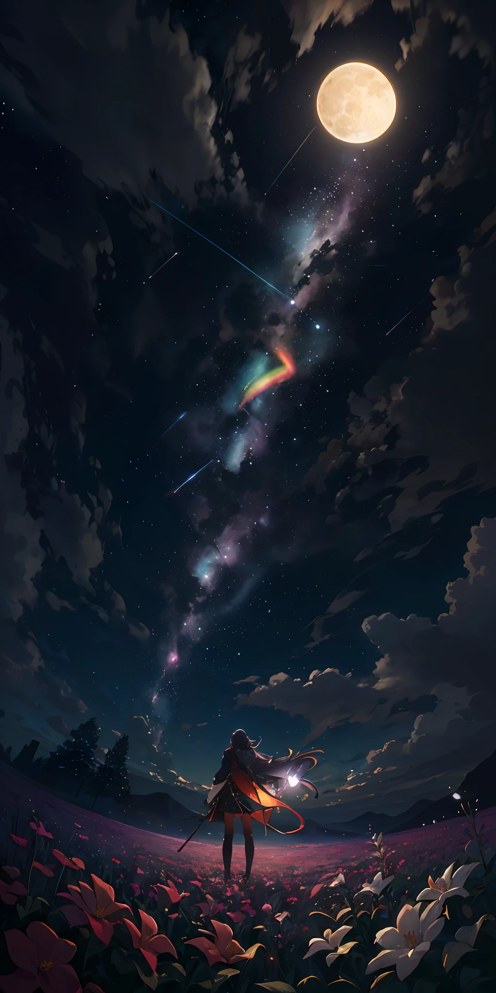 Vast landscape photo, (viewed from below, the sky is above and the open field is below), a girl standing on a flower field looking up, (full moon: 1.2), (meteor: 0.9), (nebula: 1.3), distant mountains , Trees BREAK Crafting Art, (Warm Light: 1.2), (Fireflies: 1.2), Lights, Lots of Purple and Orange, Intricate Details, Volumetric Lighting, Realism BREAK (Masterpiece: 1.2), (Best Quality), 4k, Ultra-Detailed, (Dynamic Composition: 1.4), Very Detailed, Colorful Details, (Rainbow Colors: 1.2), (Glow Lighting, Atmospheric Lighting), Dreamy, Magical, (Solo: 1.2)