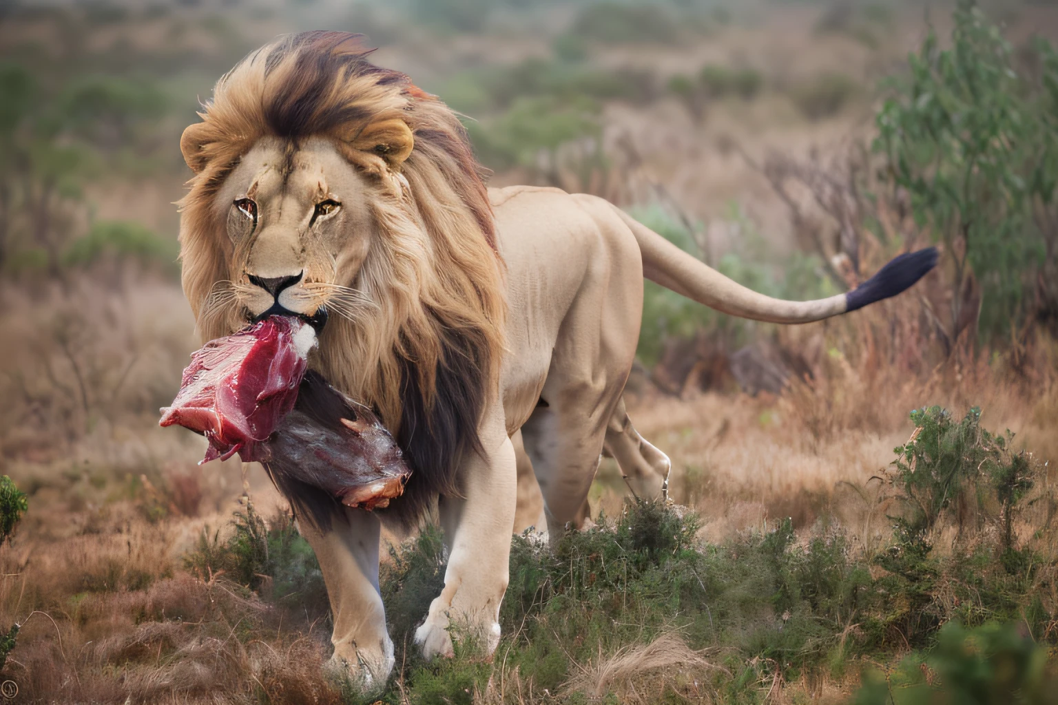 there is a lion walking in the grass with a dead animal, loin of meat, king of the jungle, by Juergen von Huendeberg, wildlife photography, by Dietmar Damerau, with the mane of a lion, proud look, Sebastian Kruger, canon of wildlife photography, by Robert Brackman, carnivore, by derek zabrocki