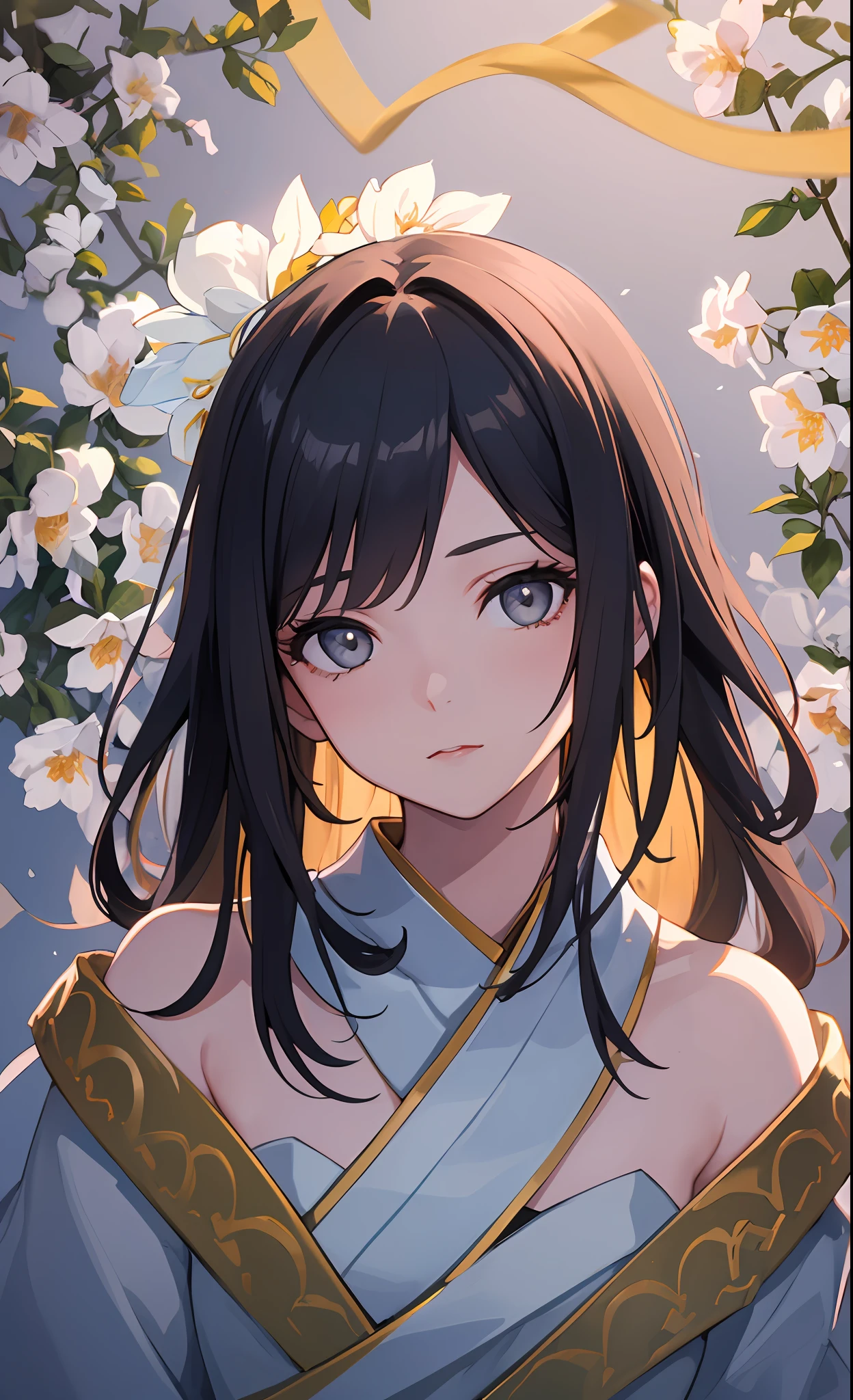 (8k, RAW photo, best quality, ultra detailed CG unity 8k wallpaper,masterpiece:1.2), a girl, anime style, （watercolor painting:1）,ultra beautiful detailed eyes, Precise iris depiction , ultra-detailed face, looking at the viewer gently and affectionately like a goddess,beautiful textured, chiaroscuro,professional make-up,realistic,  dominating, figure in frame, 
(Girl:1.5),Lace,Ribbon,Hanfu,(Masterpiece, Sidelight, Delicate Beautiful Gray Eyes: 1.2), Masterpiece, Realistic, Luminous Eyes,Shiny Hair, Black Hair, Long Long Hair, Shiny Skin, Solo, Embarrassing,Strapless,Exquisite,Beautiful,Garden,Flower,Flying Petals,Ultra-Detailed Beautiful Background Drawn by professional illustrator,background with a sense of perspective,cinematic lighting