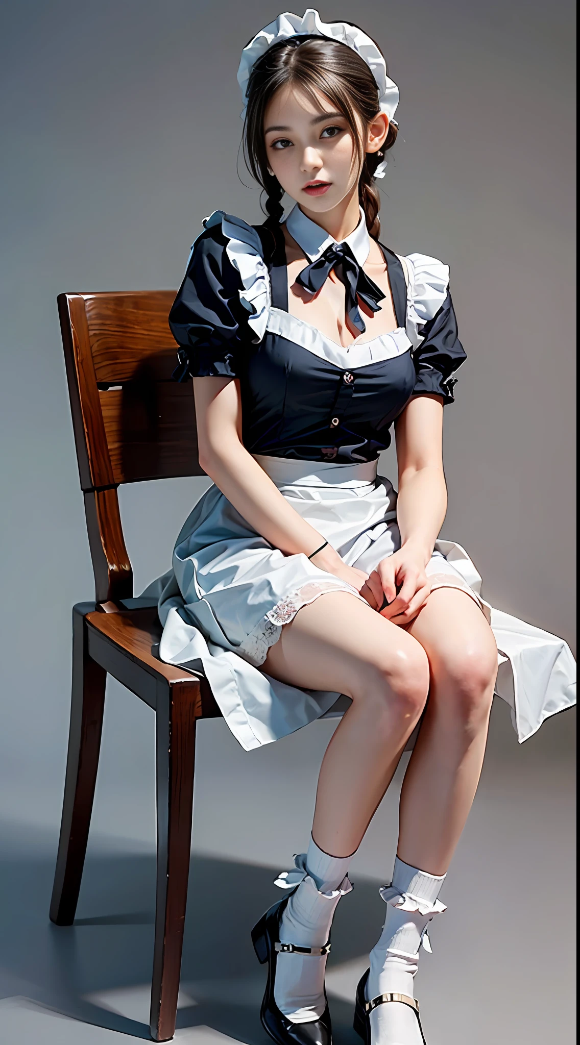 Top quality, masterpiece, ultra high resolution, (photorealistic: 1.4), raw photo, maid 1 person, maid headband, ponytail, braided hair, ruffled blouse, ribbon tie, apron, long skirt, ruffled socks, gray background, flowers, sitting