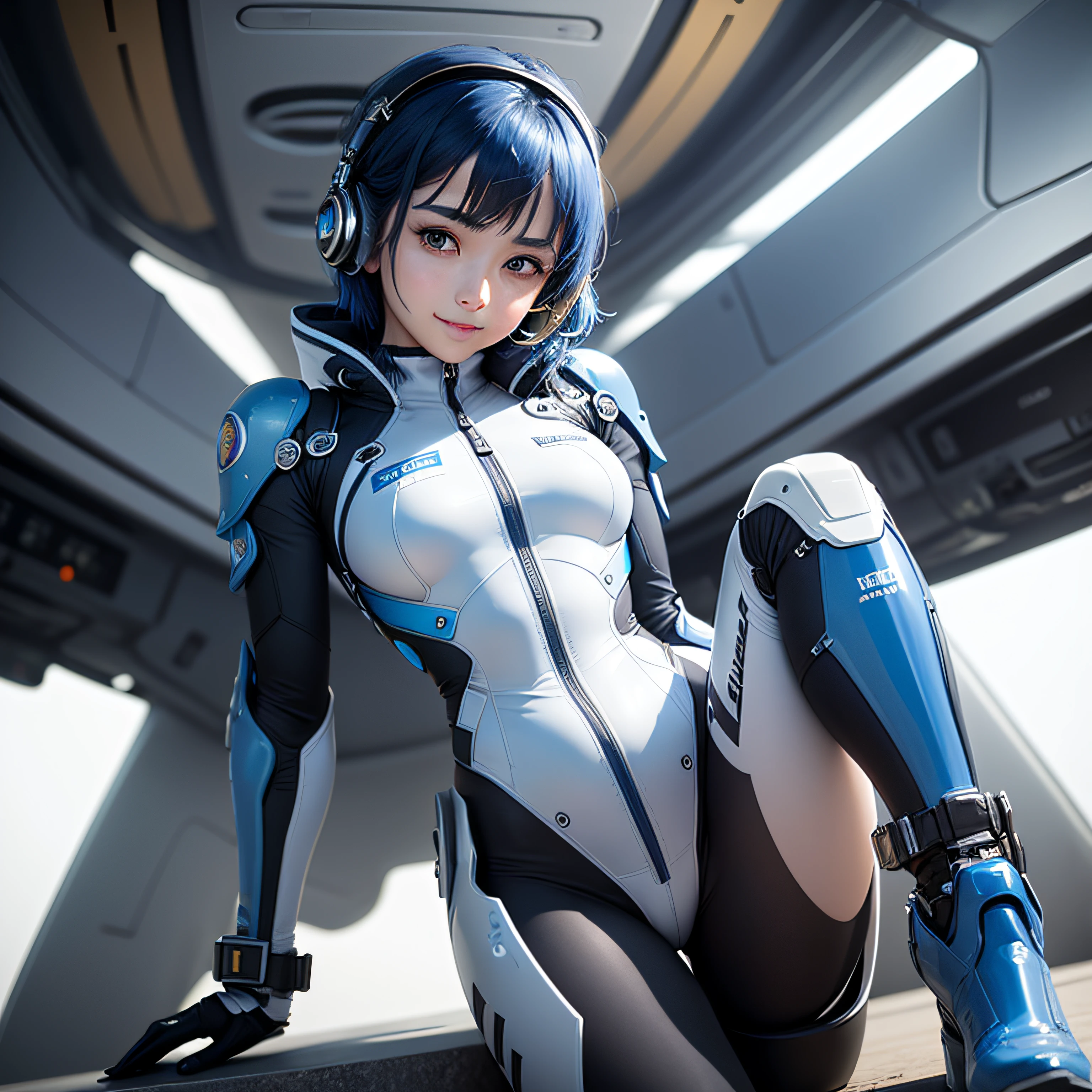 (masterpiece, highest quality, highest resolution, distinct_image, detailed details): (Solo, lone girl, face is Japan person, short cut, blue-haired girl, full body figure, (perfect body: 1.4), sparkly blue color eyes, pilot suit in white and blue color, tight fit clothes, clothes covering the whole body, very delicate and beautiful, detailed skin, slim body, exoskeleton, Gentle smile, heroine, headset, boots)