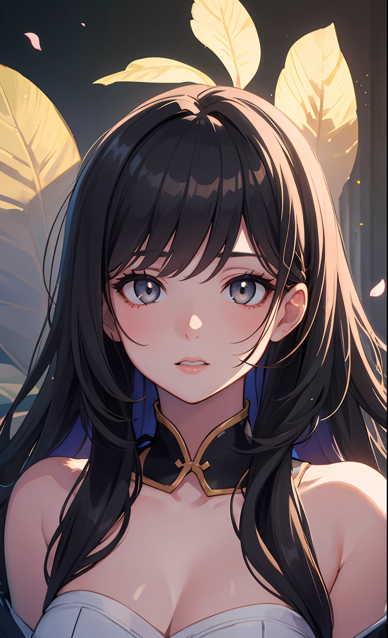 (8k, RAW photo, best quality, ultra detailed CG unity 8k wallpaper,masterpiece:1.2), a girl, （watercolor painting:1）,ultra beautiful detailed eyes, Precise iris depiction ,ultra-detailed face, looking at the viewer gently and affectionately like a goddess,beautiful textured, chiaroscuro,professional make-up,realistic,  dominating, figure in frame, 
(Girl:1.5),Lace,Ribbon,Hanfu,(Masterpiece, Sidelight, Delicate Beautiful Gray Eyes: 1.2), Masterpiece, Realistic, Luminous Eyes,Shiny Hair, Black Hair, Long Long Hair, Shiny Skin, Solo, Embarrassing,Strapless,Exquisite,Beautiful,Garden,Flower,Flying Petals,Ultra-Detailed Beautiful Background Drawn by professional illustrator,background with a sense of perspective,cinematic lighting