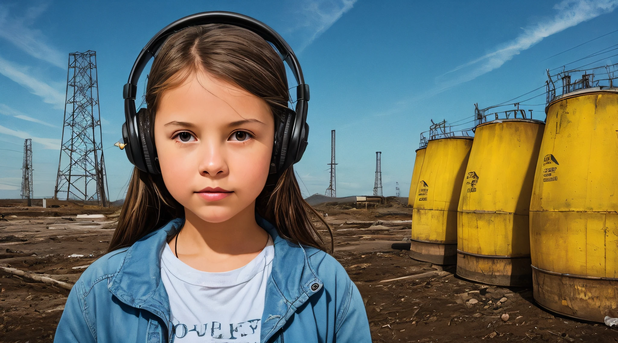 GIRL CHILD  BLONDE HAIR, LONG, CLOSE UP, RUSSIAN STYLE HEADPHONES, BLACK FUR COAT, a closeup of a large pile of yellow barrels with radioactive symbols, nuclear waste, radioactive wastelands, toxic waste, radioactive particles, nuclear wastelands, radioactive, uranium, nuclear, nuclear fallout, post-nuclear, nuclear fashion, post-nuclear fallout,  nuclear energy, future of nuclear energy, nuclear, nuclear art, nuclear reactor, nuclear energy, radiation, toxicity, contaminated