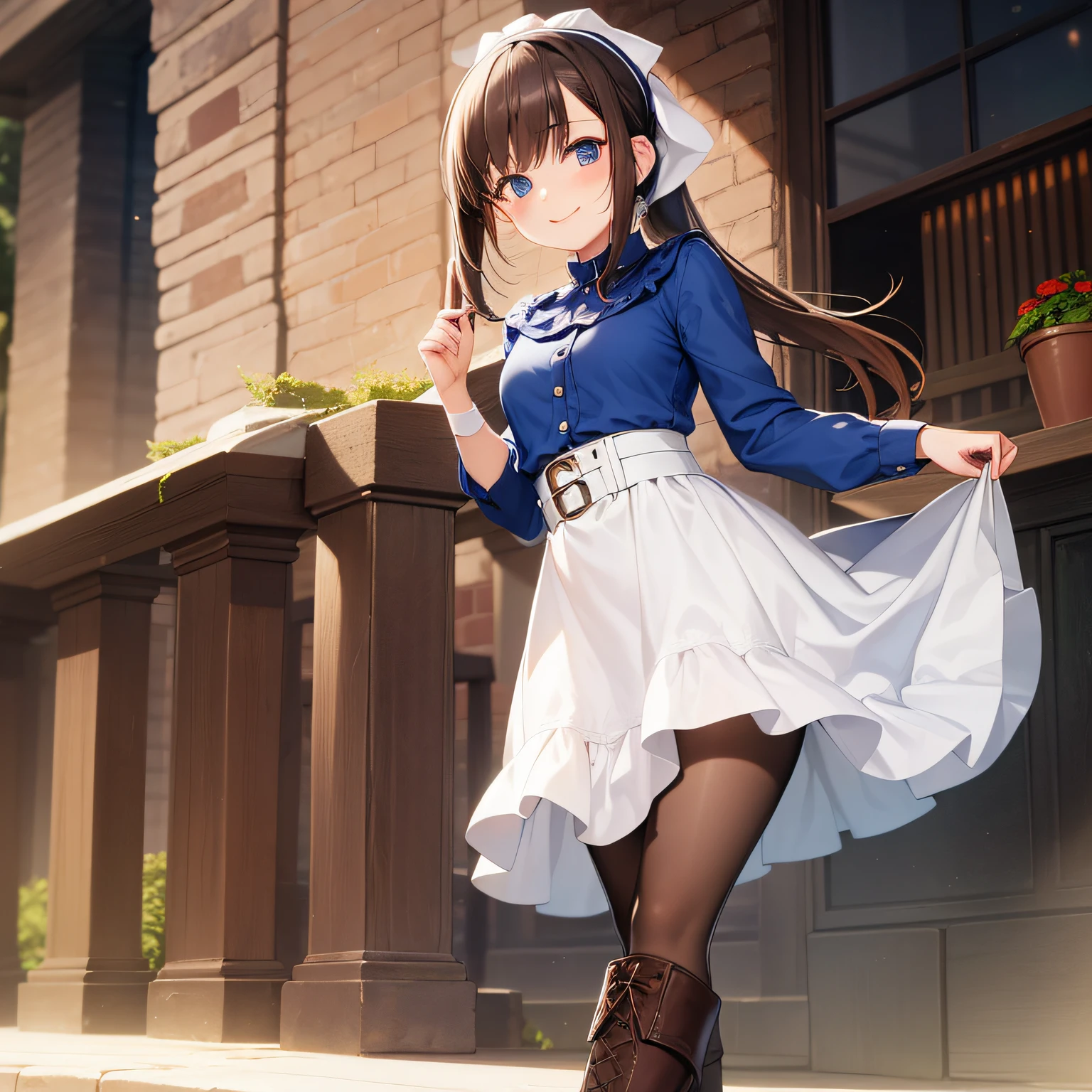 top quality, very delicate and beautiful, girl, 11 years old, (dark brown hair), blue clothes with vertical buttons, belt at the waist, white skirt, (ponytail)), (white hair band), (brown boots), blue eyes, standing, smile,