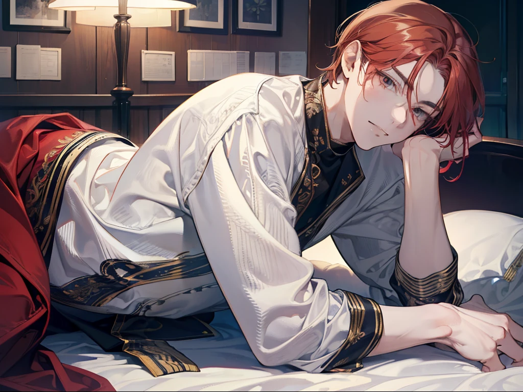 Masterpiece, superlative, room, warm, a man, red hair, tall, handsome-looking, dressed in casual clothes, kneeling on one knee on the bed