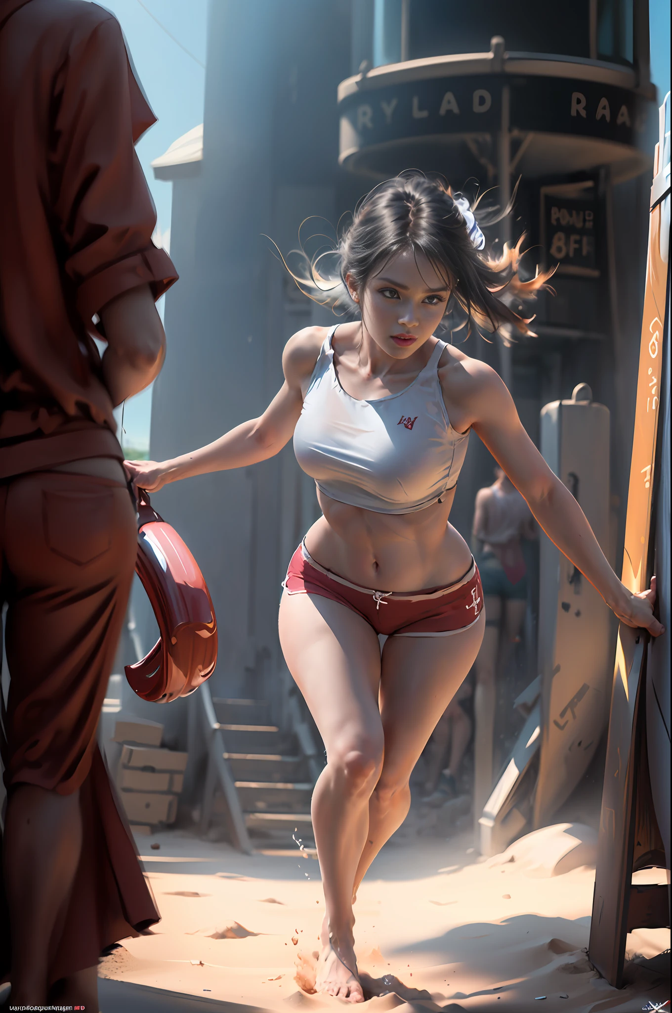 1girl, (full body), (action shot), (dynamic pose), (a girl as a lifeguard wearing a plain white shirt and red shorts), at the beach, lifeguard tower, (Cute Loose Bob hairstyle), toned body, symmetrical eyes, (beautifully detailed face, beautiful detailed eyes), dramatic lighting, (photo realism:1. 4), realistic, sharp focus, HD, highly complex, intricate, photography, hyperrealism, hyperrealistic, raytracing, physics-based rendering, ((8k, RAW photo, masterpiece), High detail RAW color photo, (highest quality), (best shadow), (best illustration), ultra high resolution, highly detailed CG unified 8K wallpapers), rim lighting, vivid color, post-processing, vibrant, color ,cartoon ,real