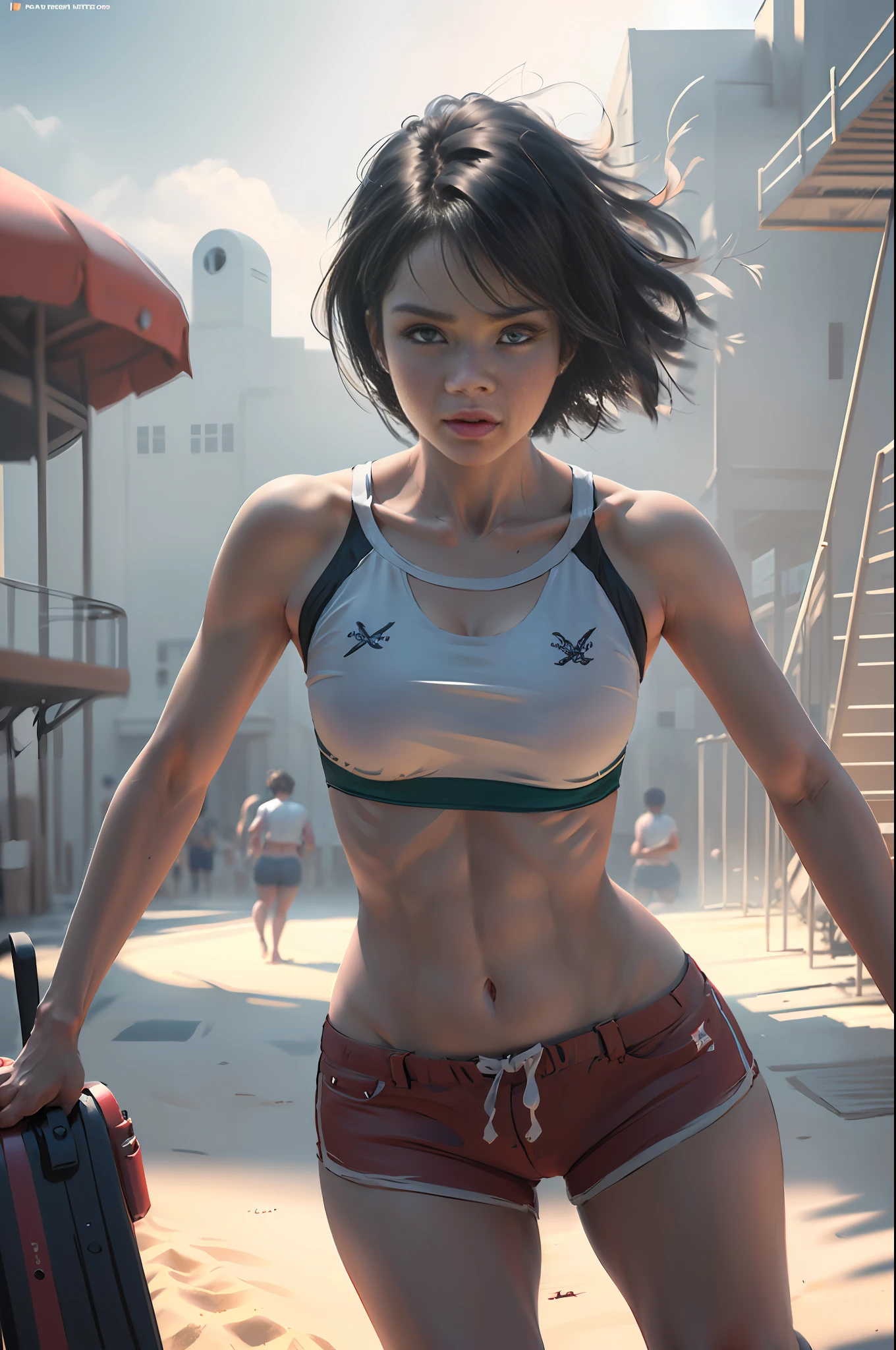 1girl, (full body), (action shot), (dynamic pose), (a girl as a lifeguard wearing a plain white shirt and red shorts), at the beach, lifeguard tower, (Cute Loose Bob hairstyle), toned body, symmetrical eyes, (beautifully detailed face, beautiful detailed eyes), dramatic lighting, (photo realism:1. 4), realistic, sharp focus, HD, highly complex, intricate, photography, hyperrealism, hyperrealistic, raytracing, physics-based rendering, ((8k, RAW photo, masterpiece), High detail RAW color photo, (highest quality), (best shadow), (best illustration), ultra high resolution, highly detailed CG unified 8K wallpapers), rim lighting, vivid color, post-processing, vibrant, color ,cartoon ,real