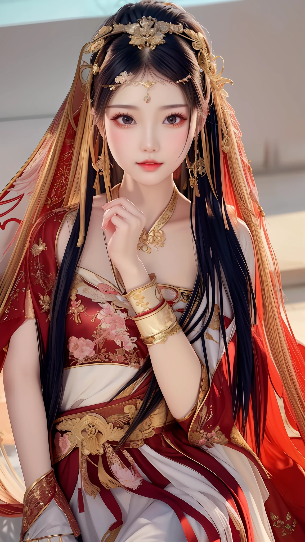 a close up of a woman in a red and gold outfit, traditional beauty, beautiful oriental woman, a beautiful fantasy empress, ((a beautiful fantasy empress)), chinese girl, chinese woman, beautiful fantasy maiden, beautiful maiden, asian woman, chinese princess, aesthetic!!!!!! female genie, lovely bohemian princess, asian girl, palace ， a girl in hanfu, beautiful asian girl