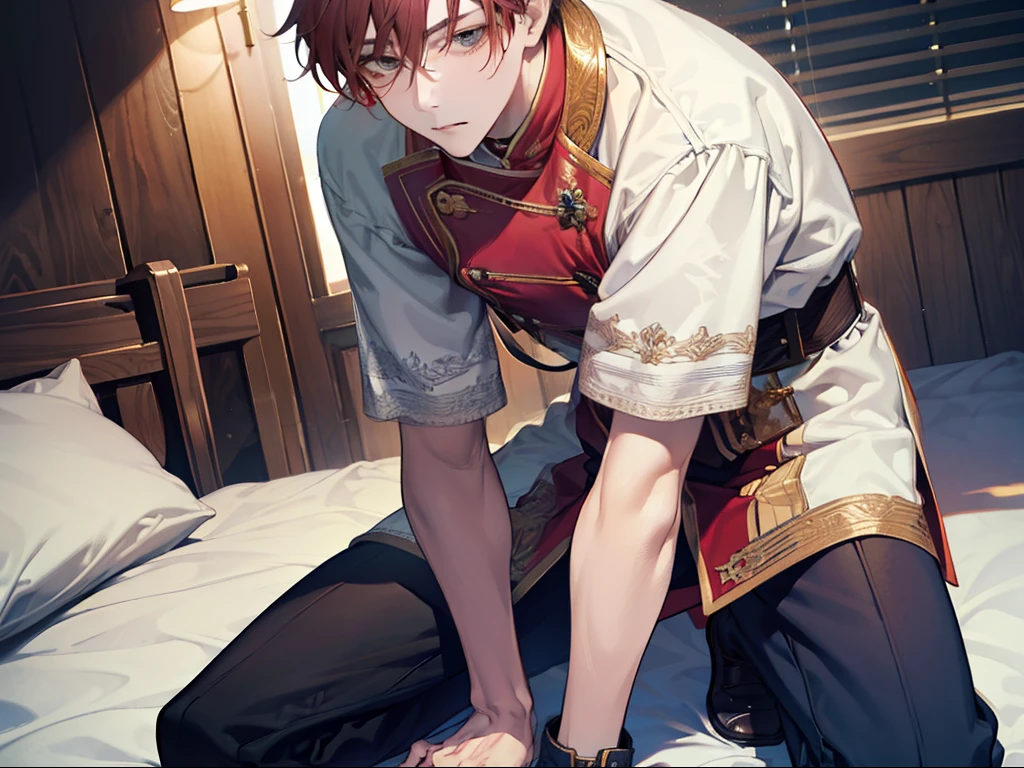 Masterpiece, superlative, room, warm, a man, red hair, tall, handsome-looking, dressed in casual clothes, kneeling on one knee on the bed