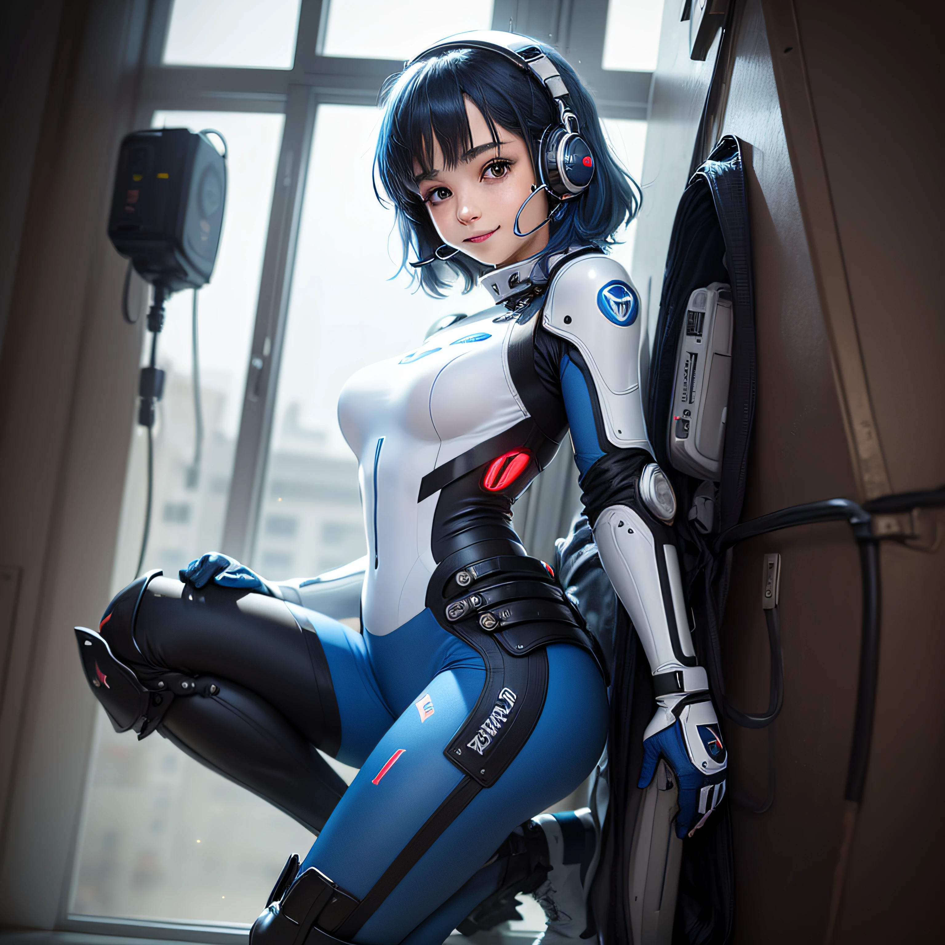 (masterpiece, highest quality, highest resolution, distinct_image, detailed details): (Solo, lone girl, face is Japan person, short cut, blue-haired girl, full body figure, (perfect body: 1.4), sparkly blue color eyes, pilot suit in white and blue color, tight fit clothes, clothes covering the whole body, very delicate and beautiful, detailed skin, slim body, exoskeleton, Gentle smile, heroine, headset, boots)
