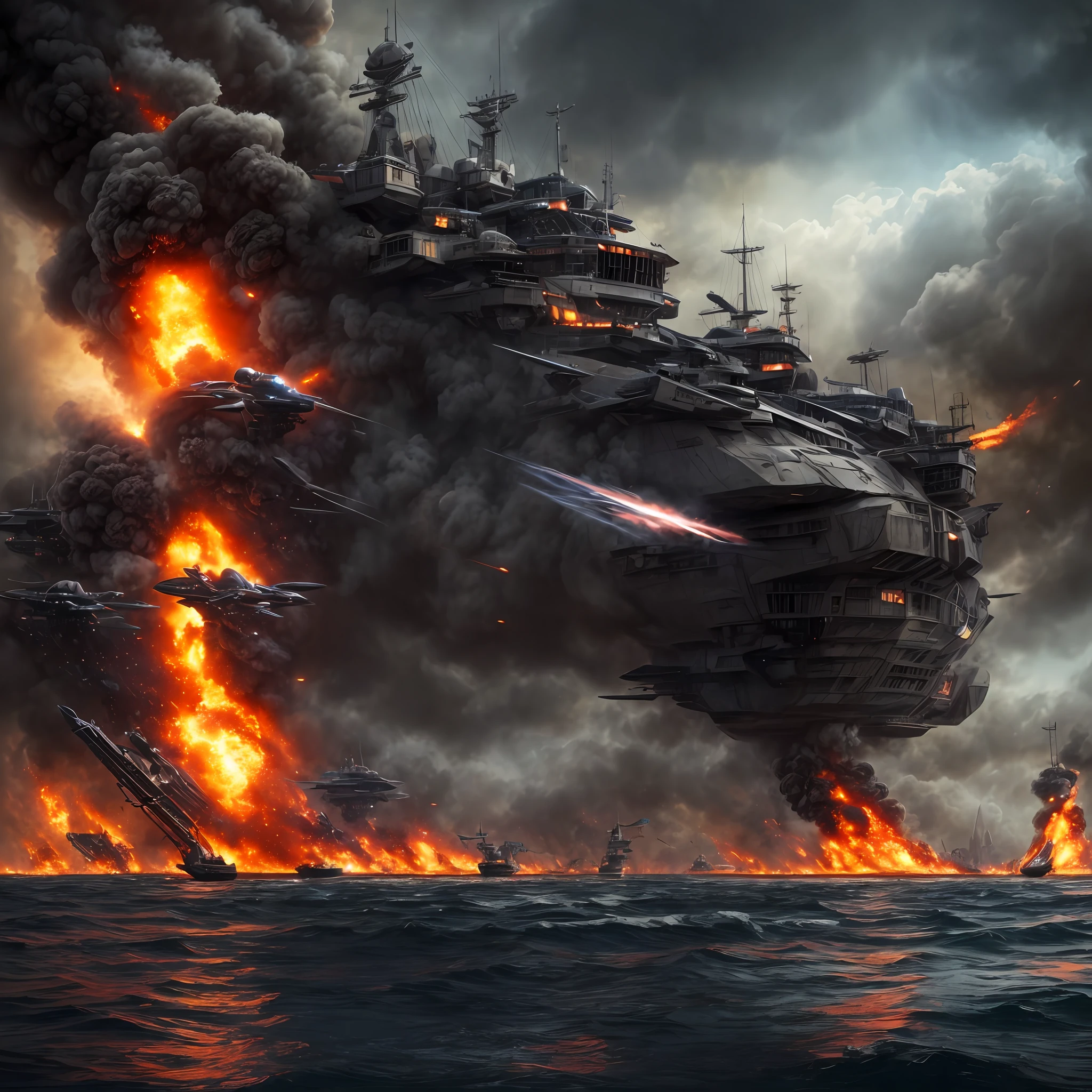 Movie scene, epic movie, HDR, masterpiece, maximum quality, explosion, City and buildings on fire, attacked by alien ships, alien invasion, maximum quality film, shot by a wide angle lens, maximum quality, Full quality, epic scene, perfect scene --realistic-- movie scene (maximum quality) (alien ships)