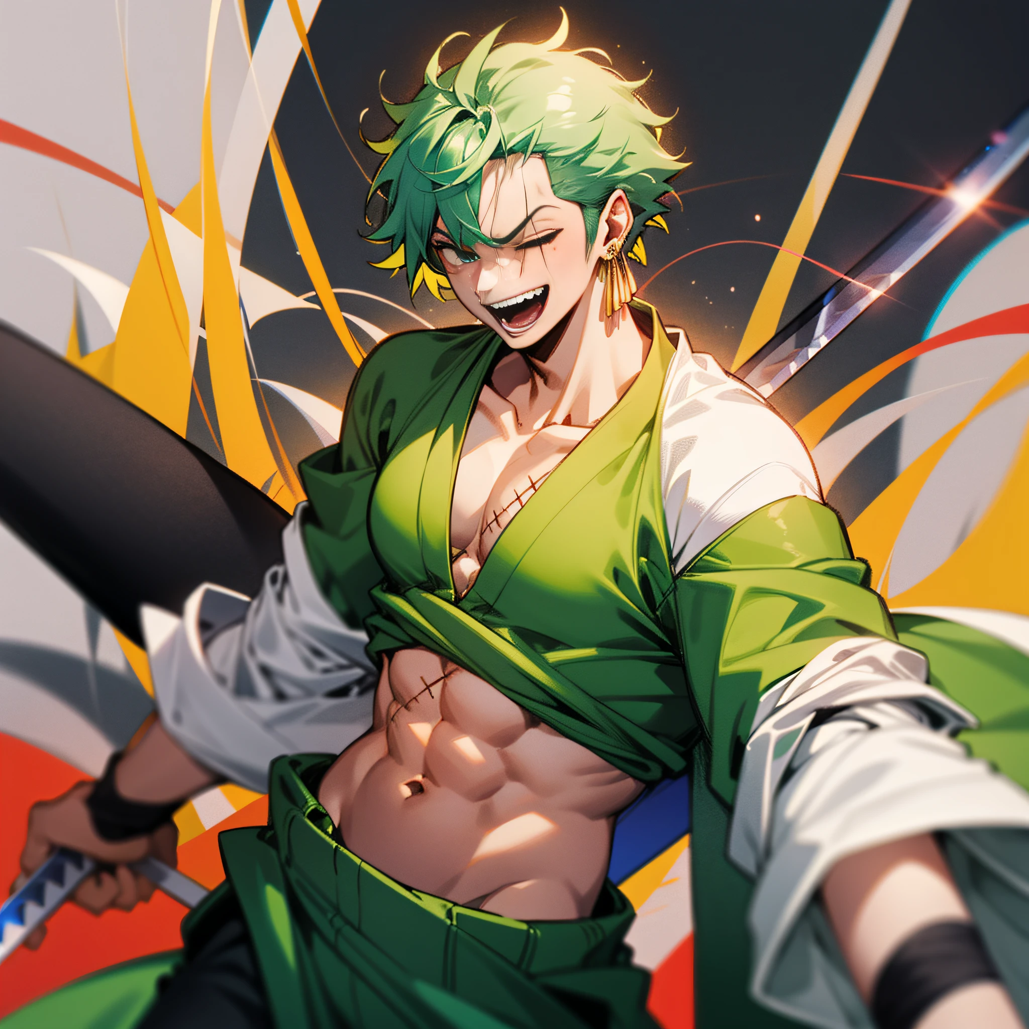 ((Solon)), ((cheerful laughter)), a swordsman with green hair and sharp eyes, three pearls hanging from his left ear, a scar on his left eye, and a green cloth band wrapped around his left arm. He likes to wear loose robes that expose his firm chest and belly, as well as a simple pair of pants. He had three sharp knives tied around his waist, one white, one black, and one red. He looks cool, strong, and confident.