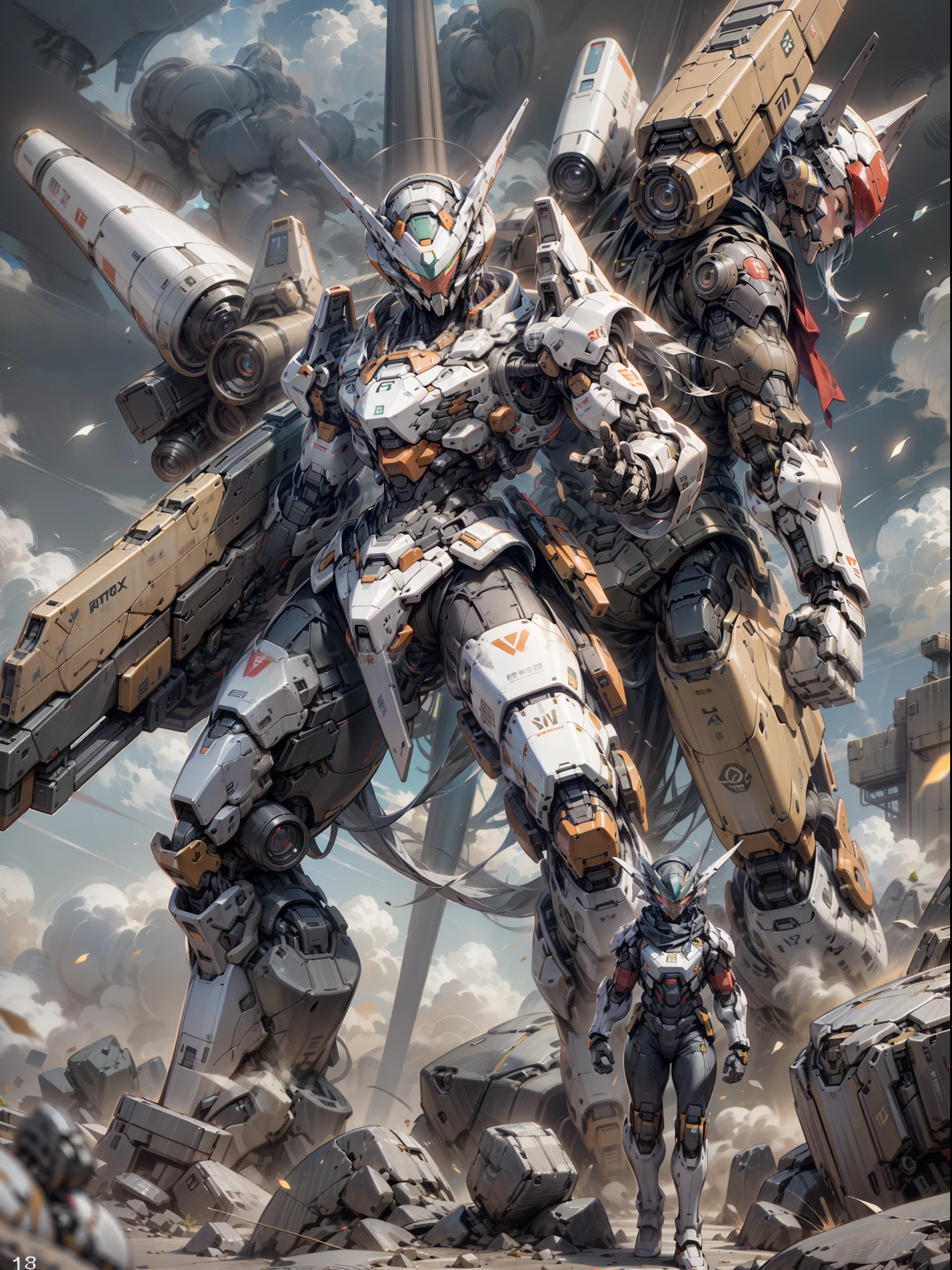 ((Best Quality)), ((Masterpiece)), (Very detailed: 1.3), 8K, cool painting, full of sci-fi, wandering machine gun shooter in the desert, holding a heavy machine gun, Gatling machine gun, streamlined red armor, complex weapons and equipment behind it, Gundam humanoid mech, anime mech aesthetic, perfect body proportions, heads-up view, standing posture, military giant mech, missiles, rocks, futuristic technology, realism, dark clouds in the sky, dark war background, ray tracing, light particles, NVIDIA Trtx, Super Resolution, Unreal 5, Subsurface Scattering, Specular and Albedo Mapping, Rule of Thirds, Large Aperture, Battle Stance, 8K Raw Data, High Efficiency Subpixels, Subpixel Convolution, Light Particles, Light Scattering, Tyndall Effect, Ray Tracing.