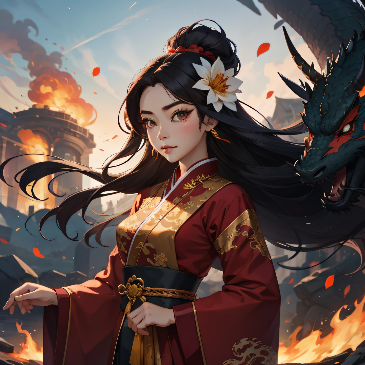 1girl, liuyun, fire ball, long hair, floating hair, hair flower, eastern dragon, red and white, upper body, looking at viewer,