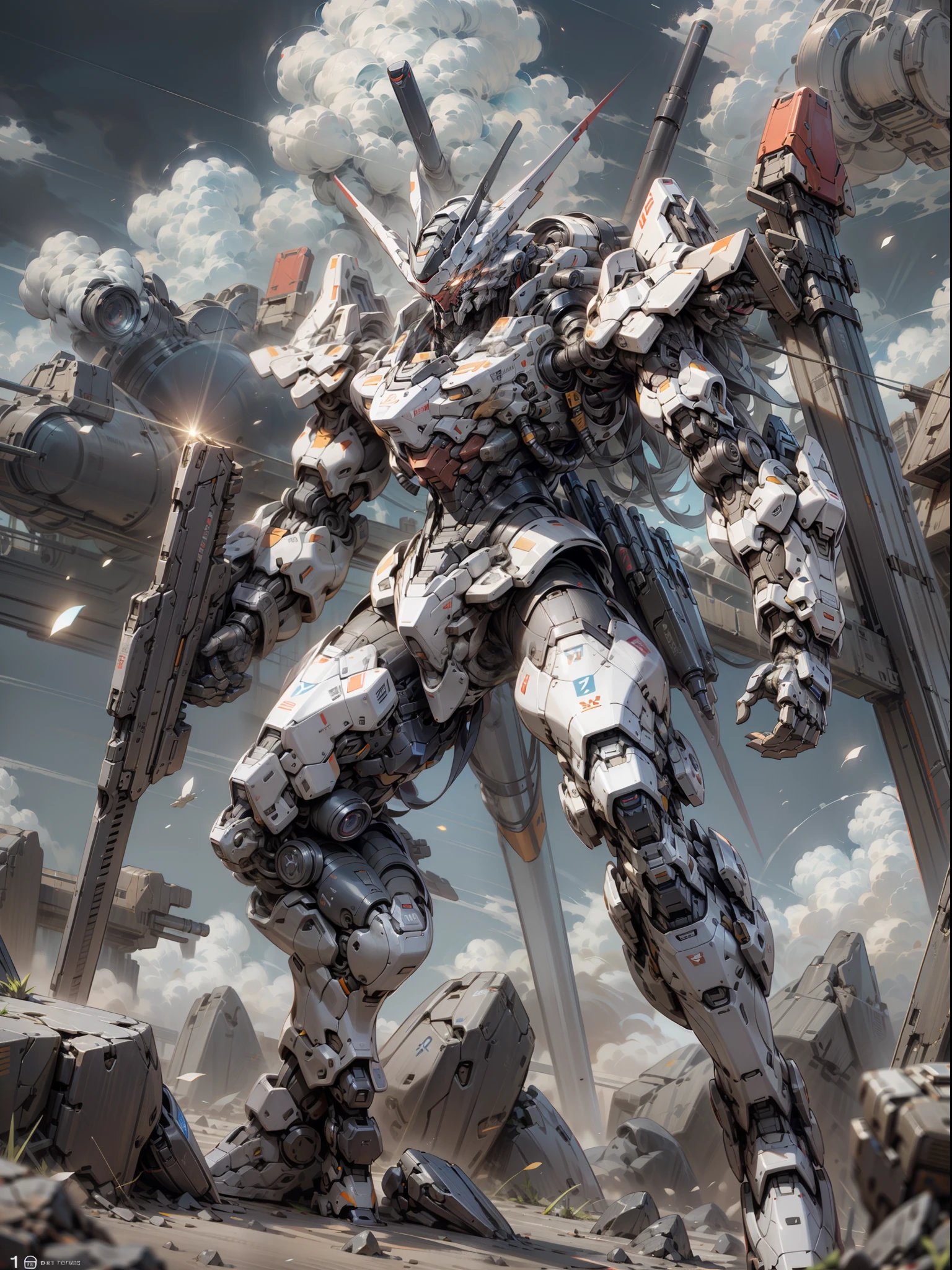 ((Best Quality)), ((Masterpiece)), (Very detailed: 1.3), 8K, cool painting, full of sci-fi, wandering machine gun shooter in the desert, holding a heavy machine gun, Gatling machine gun, streamlined red armor, complex weapons and equipment behind it, Gundam humanoid mech, anime mech aesthetic, perfect body proportions, heads-up view, standing posture, military giant mech, missiles, rocks, futuristic technology, realism, dark clouds in the sky, dark war background, ray tracing, light particles, NVIDIA Trtx, Super Resolution, Unreal 5, Subsurface Scattering, Specular and Albedo Mapping, Rule of Thirds, Large Aperture, Battle Stance, 8K Raw Data, High Efficiency Subpixels, Subpixel Convolution, Light Particles, Light Scattering, Tyndall Effect, Ray Tracing.