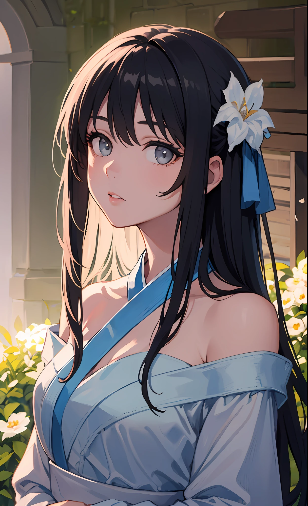 (8k, RAW photo, best quality, ultra detailed CG unity 8k wallpaper,masterpiece:1.2), a girl, anime style, (watercolor painting:0.5),ultra beautiful detailed eyes, Precise iris depiction , ultra-detailed face, looking at the viewer gently and affectionately like a goddess,beautiful textured, chiaroscuro,professional make-up,realistic, dominating, figure in frame,
(Girl:1.5),Lace,Ribbon,Hanfu,(Masterpiece, Sidelight, Delicate Beautiful Gray Eyes: 1.2), Masterpiece, Realistic, Luminous Eyes,Shiny Hair, Black Hair, Long Long Hair, Shiny Skin, Solo, Embarrassing,Strapless,Exquisite,Beautiful,Garden,Flower,Flying Petals,Ultra-Detailed Beautiful Background Drawn by professional illustrator,background with a sense of perspective,cinematic lighting