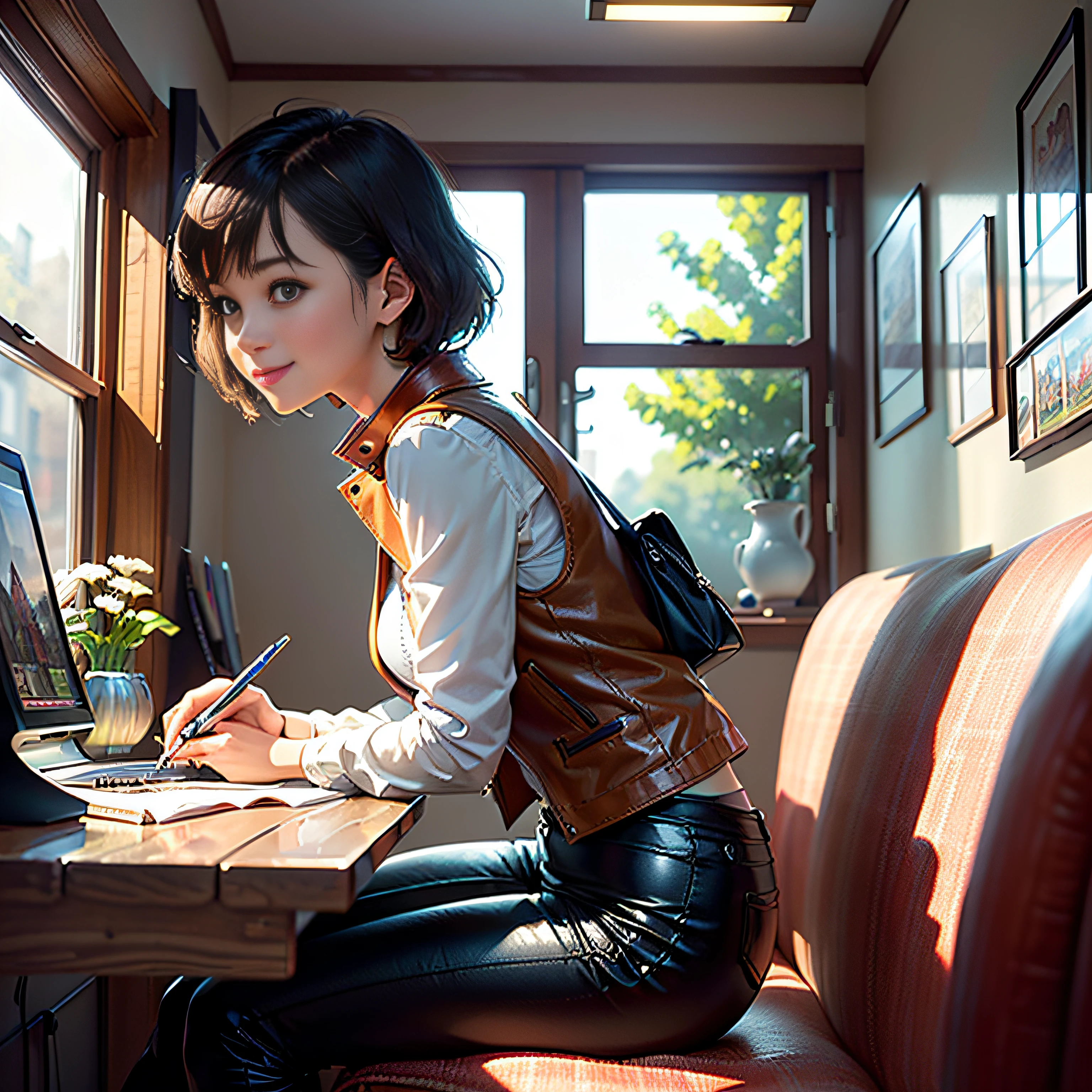 (masterpiece, highest quality, highest resolution, distinct_image, very elaborate CG, cinematic lighting, ray tracing, drop shadows, detailed detail, (photorealistic: 1.4), high quality textures, fine-grained, realistic face expression): (lone girl, face is Japan, brown short hair, hair tied back, small size breasts, sparkly eyes, eye level shot, facing forward, happy smile, beauty, slim body, holiday, own room, console game, computer, display, keyboard, mouse, long leather pants, white shirt with collar, leather vest, cardian, carrying leather bag on back, long boots, antique radio, coffee, model train, Bookshelves, wooden chairs, pots, fans, paintings, stuffed animals, ties, notebooks, stationery, vases, photo frames, letters, fountain pens, calendars, lamps, cushions, baskets, mirrors in profile, candles, newspapers, sweets, park view outside the window, telephone, fruit, telescope, retro TV)