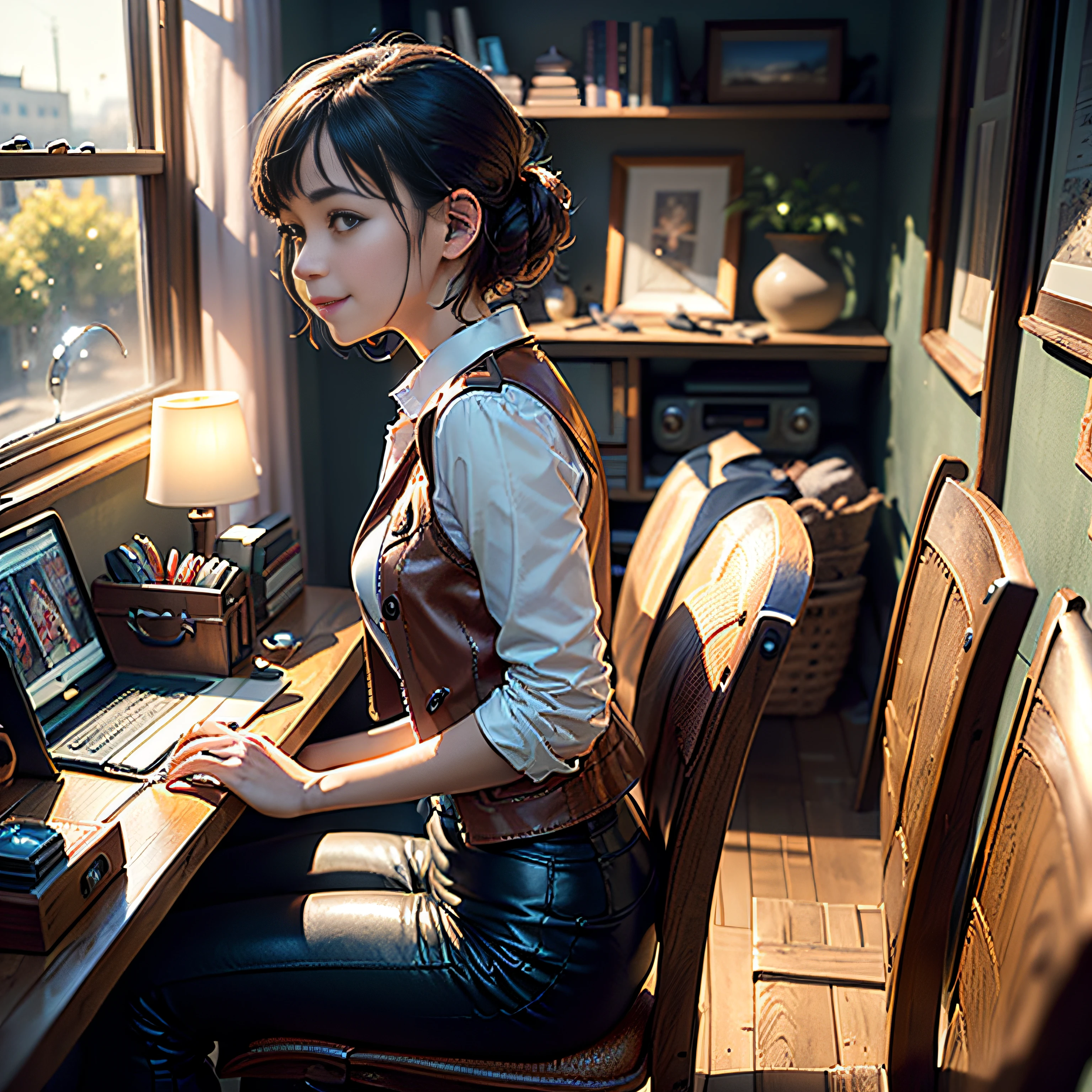 (masterpiece, highest quality, highest resolution, distinct_image, very elaborate CG, cinematic lighting, ray tracing, drop shadows, detailed detail, (photorealistic: 1.4), high quality textures, fine-grained, realistic face expression): (lone girl, face is Japan, brown short hair, hair tied back, small size breasts, sparkly eyes, eye level shot, facing forward, happy smile, beauty, slim body, holiday, own room, console game, computer, display, keyboard, mouse, long leather pants, white shirt with collar, leather vest, cardian, carrying leather bag on back, long boots, antique radio, coffee, model train, Bookshelves, wooden chairs, pots, fans, paintings, stuffed animals, ties, notebooks, stationery, vases, photo frames, letters, fountain pens, calendars, lamps, cushions, baskets, mirrors in profile, candles, newspapers, sweets, park view outside the window, telephone, fruit, telescope, retro TV)