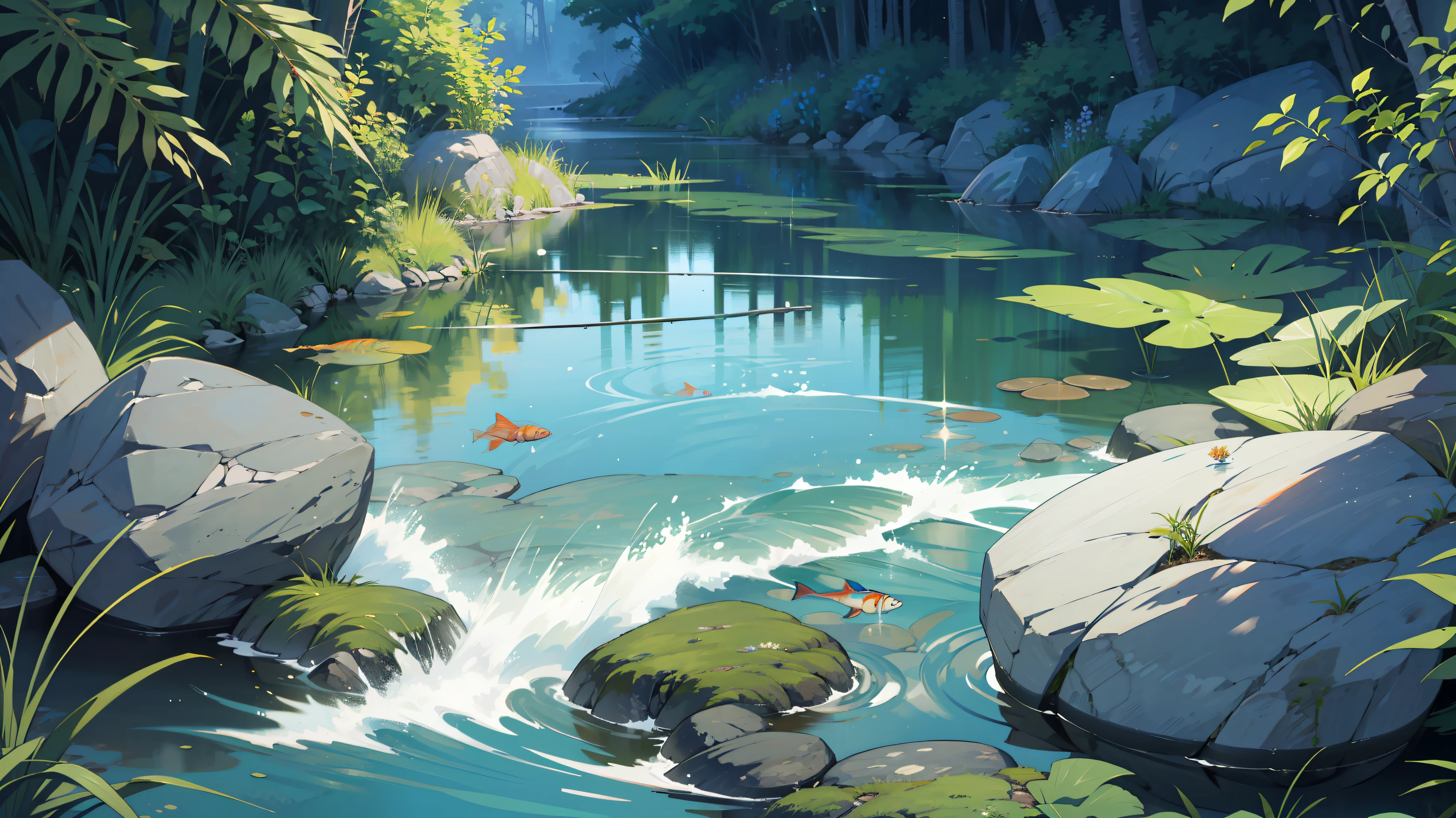 A lively pond , rocks , waves , fishes , rocks , vivid colors , sparkling