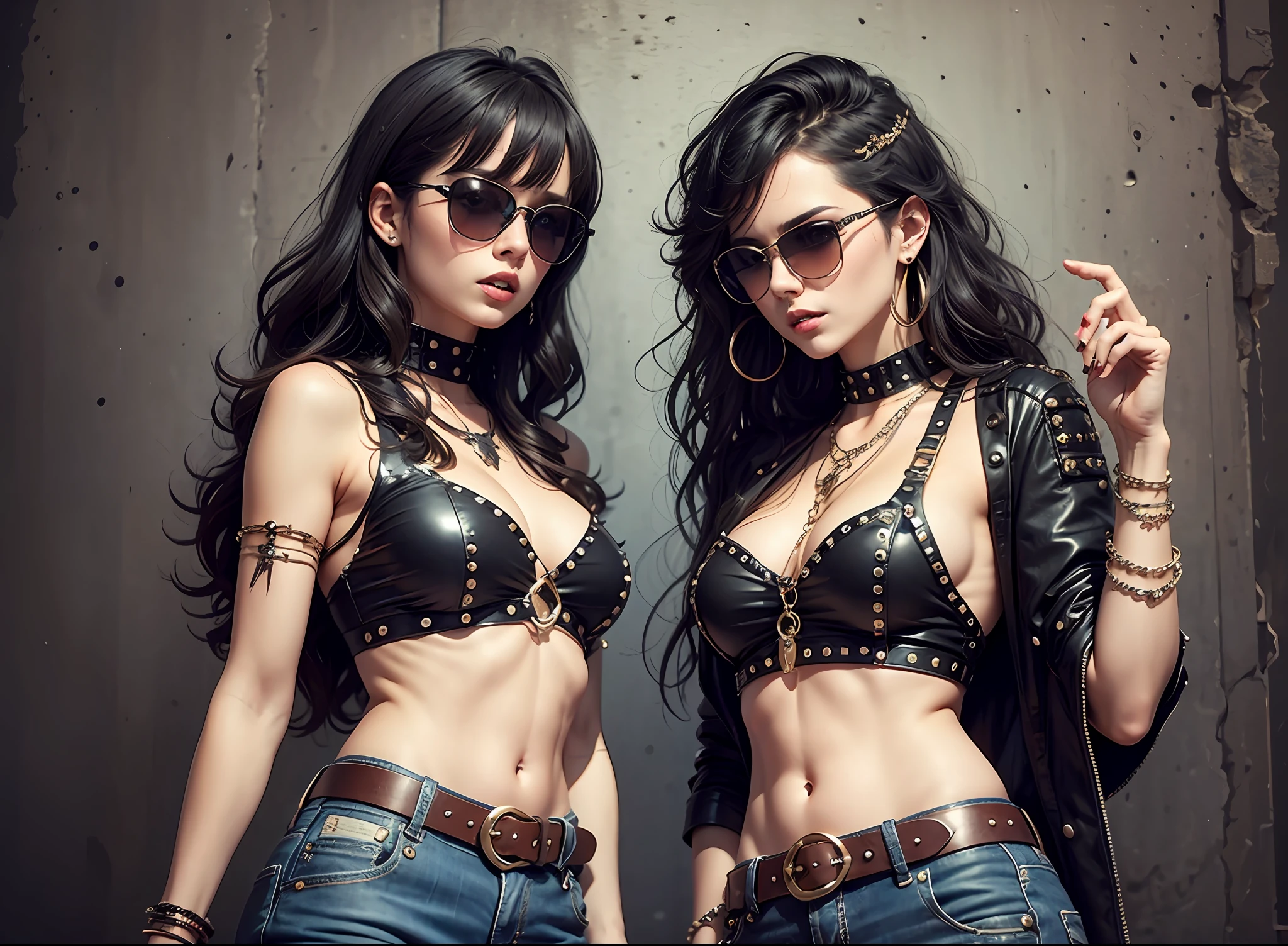 80s European Woman Metal Duet, black hair, blonde hair, sunglasses, dark jeans, rivets, pants, belts, chains, guitars.
