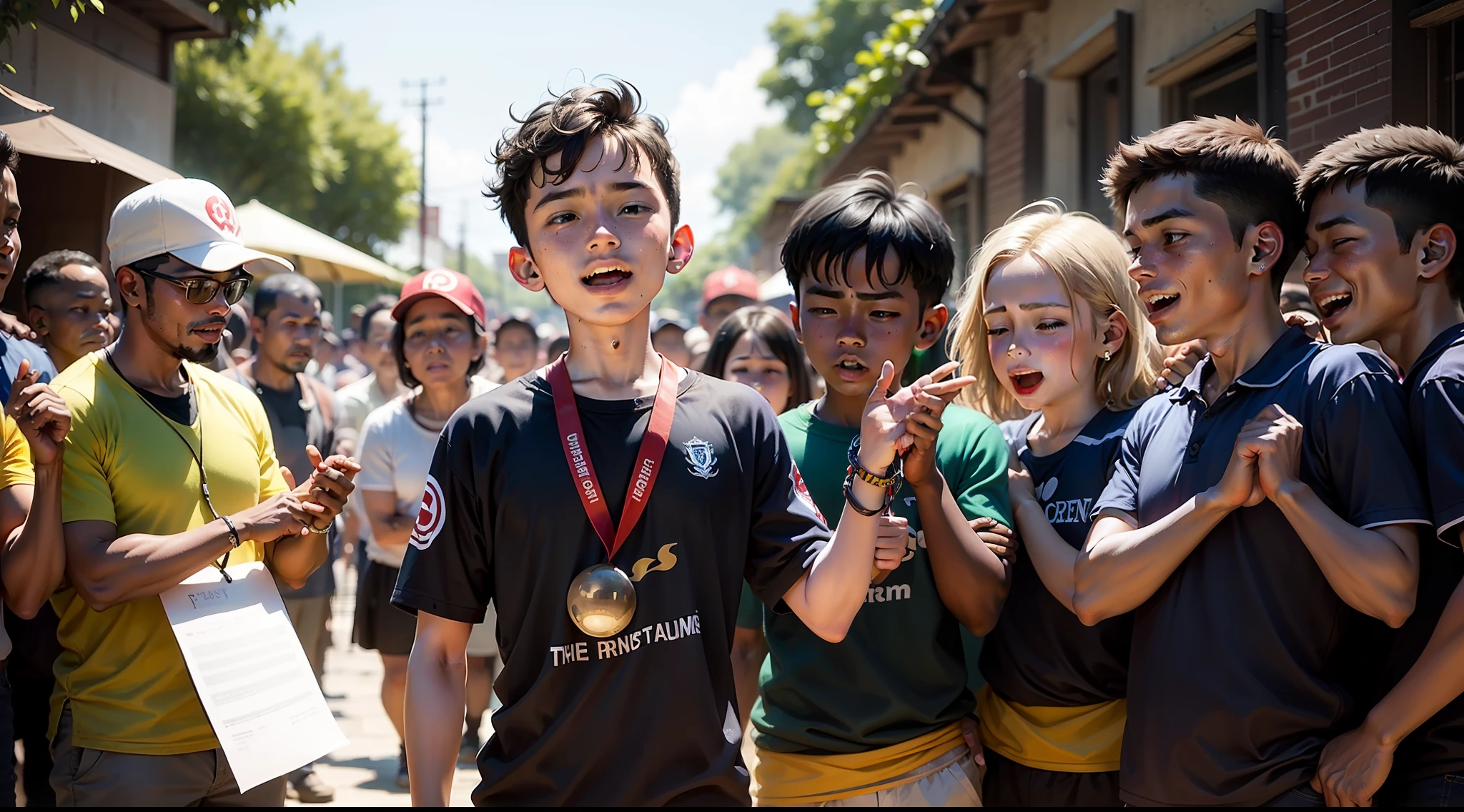 The boy surrounded by supportive villagers, cheering him on and showing their belief in his potential.