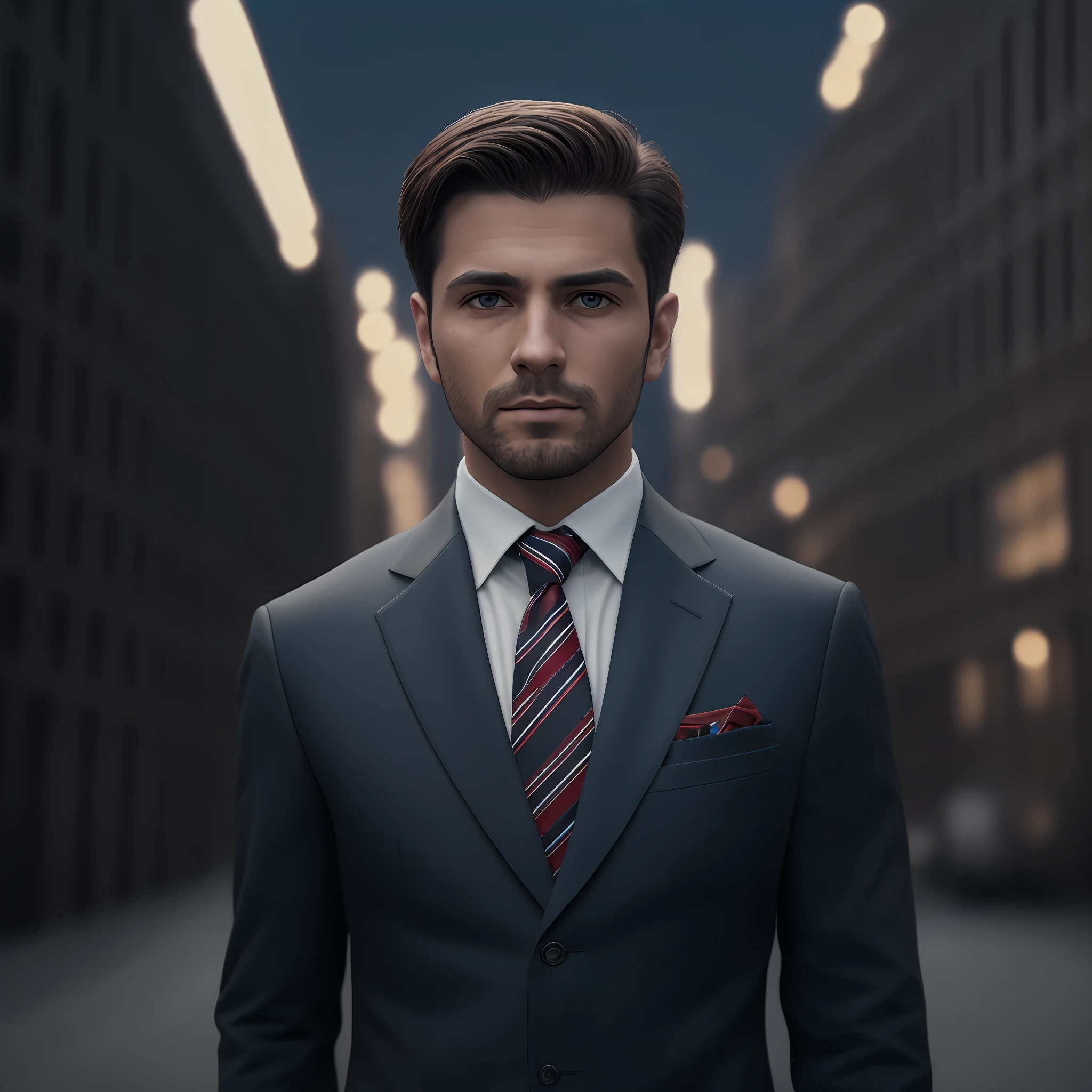 a Man standing with 30 years in suit and tie, body and head straight in the photo, DSRL, facing the viewer of the photo, eyes fixed to the lens, appears shoulders and head in the photo, man centered in the photo, 8k, best quality, masterpiece, realistic, realistic photo, movie photo, ultra realistic, 1 person, detailed,  Perfect lighting, DSRL, professional photo, 4k --auto --s2