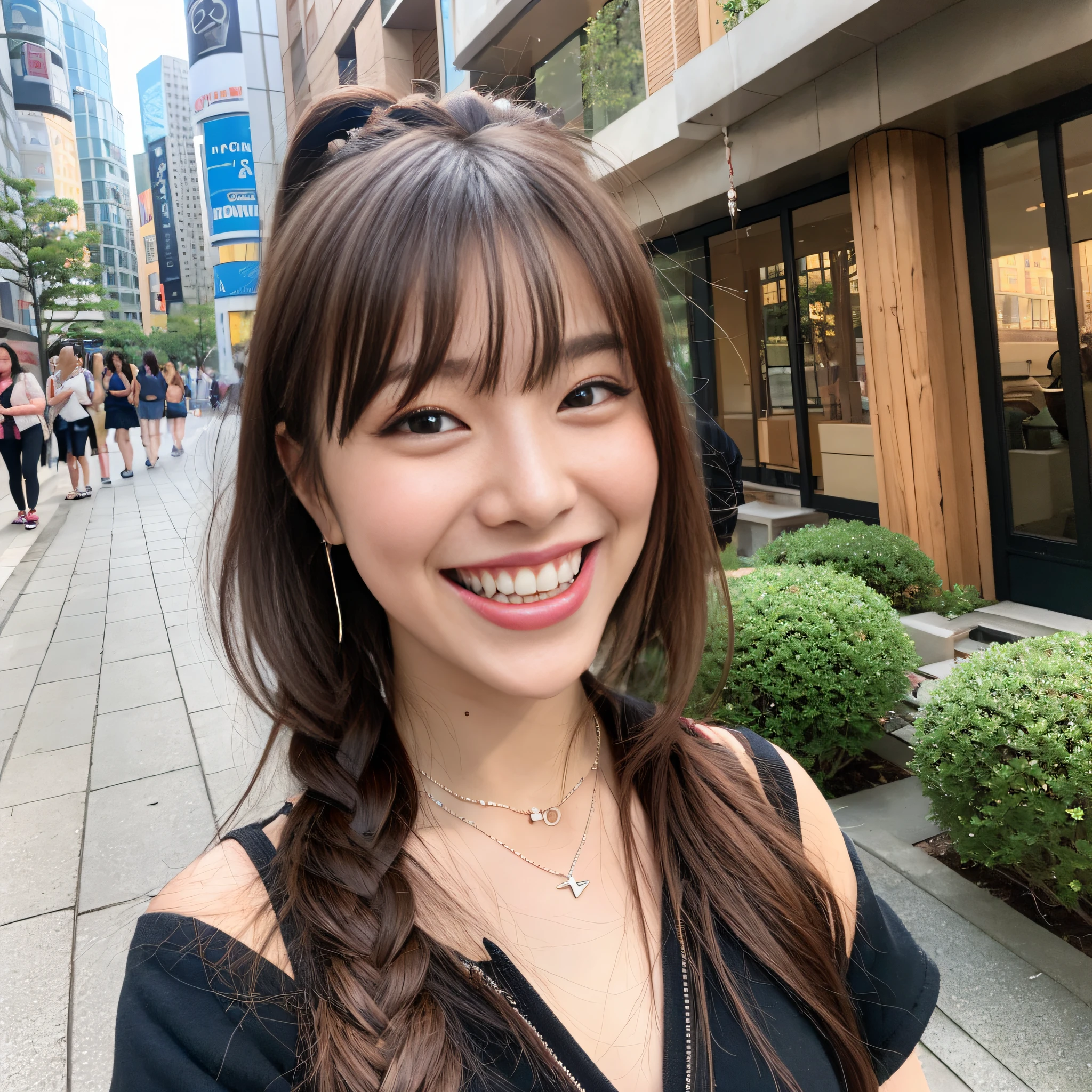 Urban Oasis Park, One Japan Girl, Laughing with White Teeth, Conversing with Female Friends, Necklace, Long False Eyelashes, Strolling, Brown Hair, Bangs, Braided Ponytail, Surrealism, Verism, Movie Lighting, First Person View, Sony FE GM, f/16, UHD, Anatomically Correct, Masterpiece, High Definition, 16k