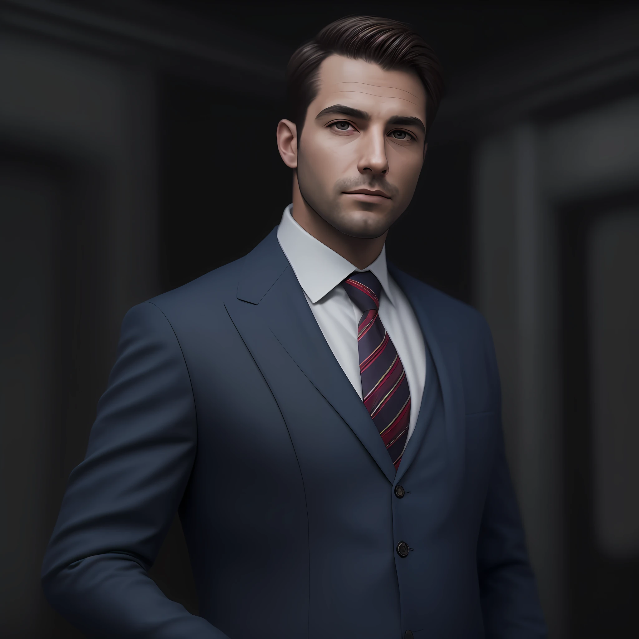 a Man standing with 30 years in suit and tie, body and head straight in the photo, DSRL, facing the viewer of the photo, eyes fixed to the lens, appears shoulders and head in the photo, man centered in the photo, 8k, best quality, masterpiece, realistic, realistic photo, movie photo, ultra realistic, 1 person, detailed, Perfect lighting, DSRL, professional photo, 4k --auto --s2