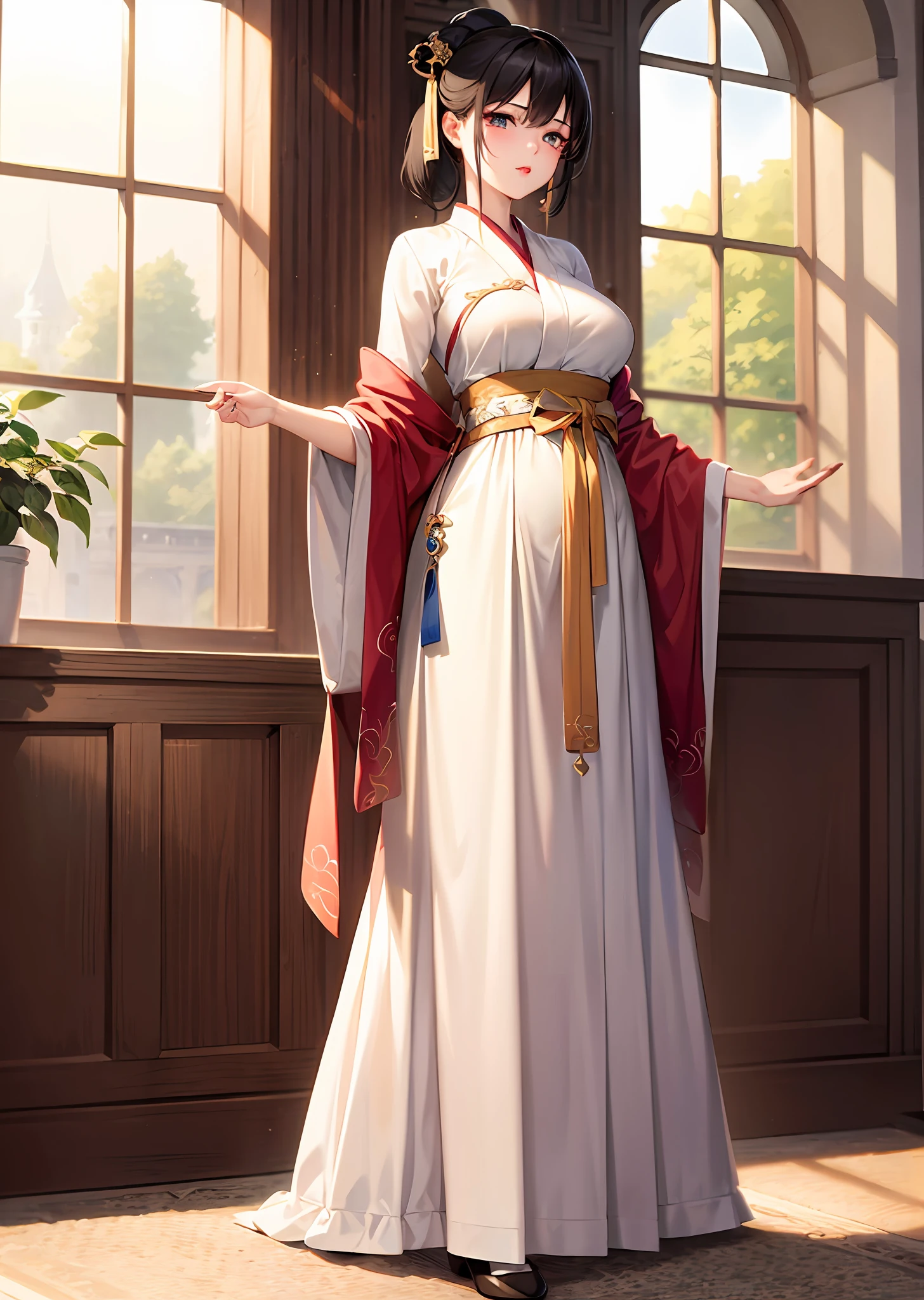 Best quality, masterpiece, illustration, very delicate and beautiful, highly detailed, CG, unity, 8k wallpaper, amazing, exquisite detail, masterpiece, best quality, official art, highly detailed CG unity 8k wallpaper, silly, incredibly silly, huge file size, super detailed, high resolution, highly detailed, beautiful detailed girl, highly detailed eyes and face, beautiful detailed eyes, light on face, (Hanfu:1.1), 1girl, full body, full body shot, ru_qun