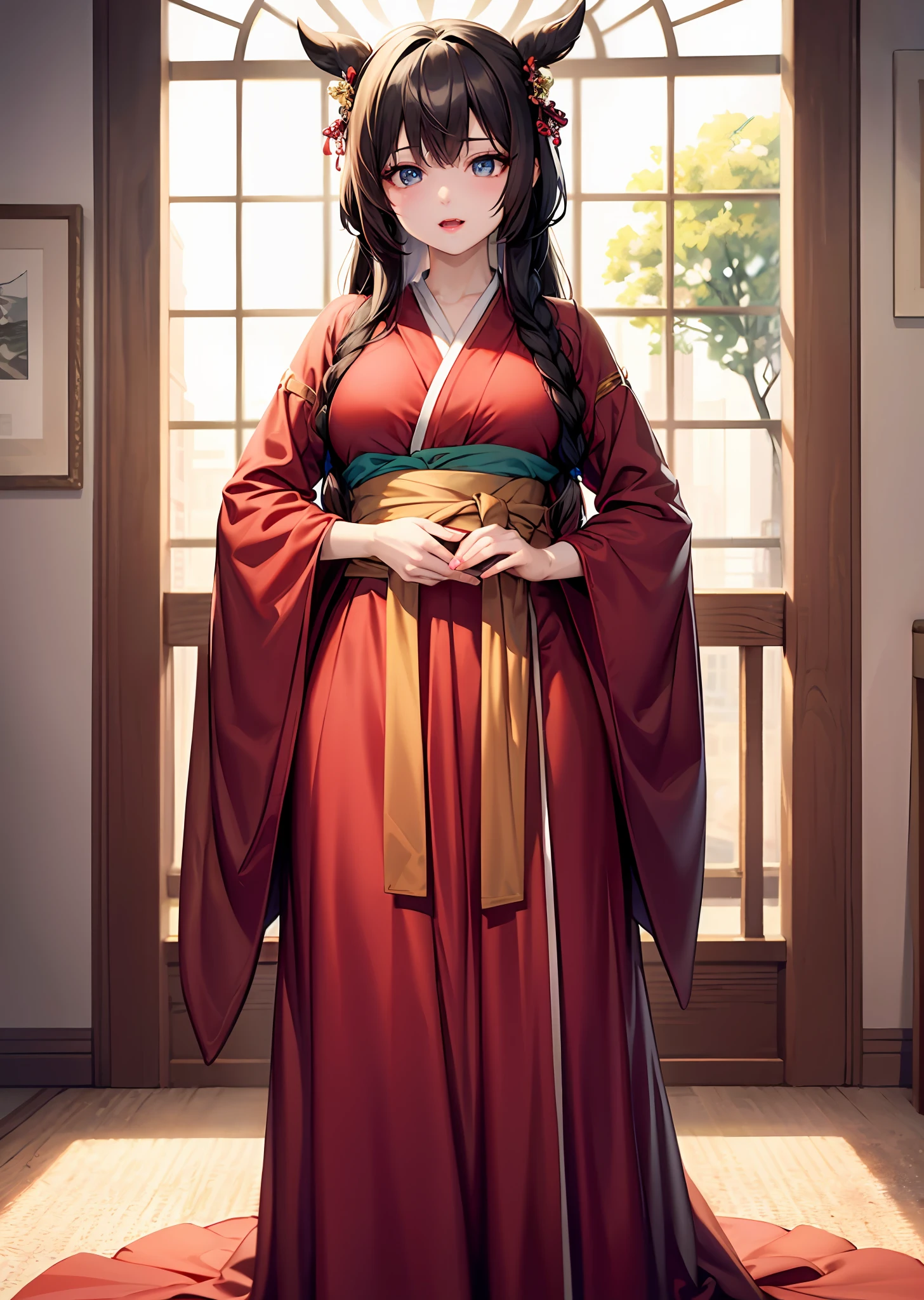 Best quality, masterpiece, illustration, very delicate and beautiful, highly detailed, CG, unity, 8k wallpaper, amazing, exquisite detail, masterpiece, best quality, official art, highly detailed CG unity 8k wallpaper, silly, incredibly silly, huge file size, super detailed, high resolution, highly detailed, beautiful detailed girl, highly detailed eyes and face, beautiful detailed eyes, light on face, (Hanfu:1.1), 1girl, full body, full body shot, ru_qun