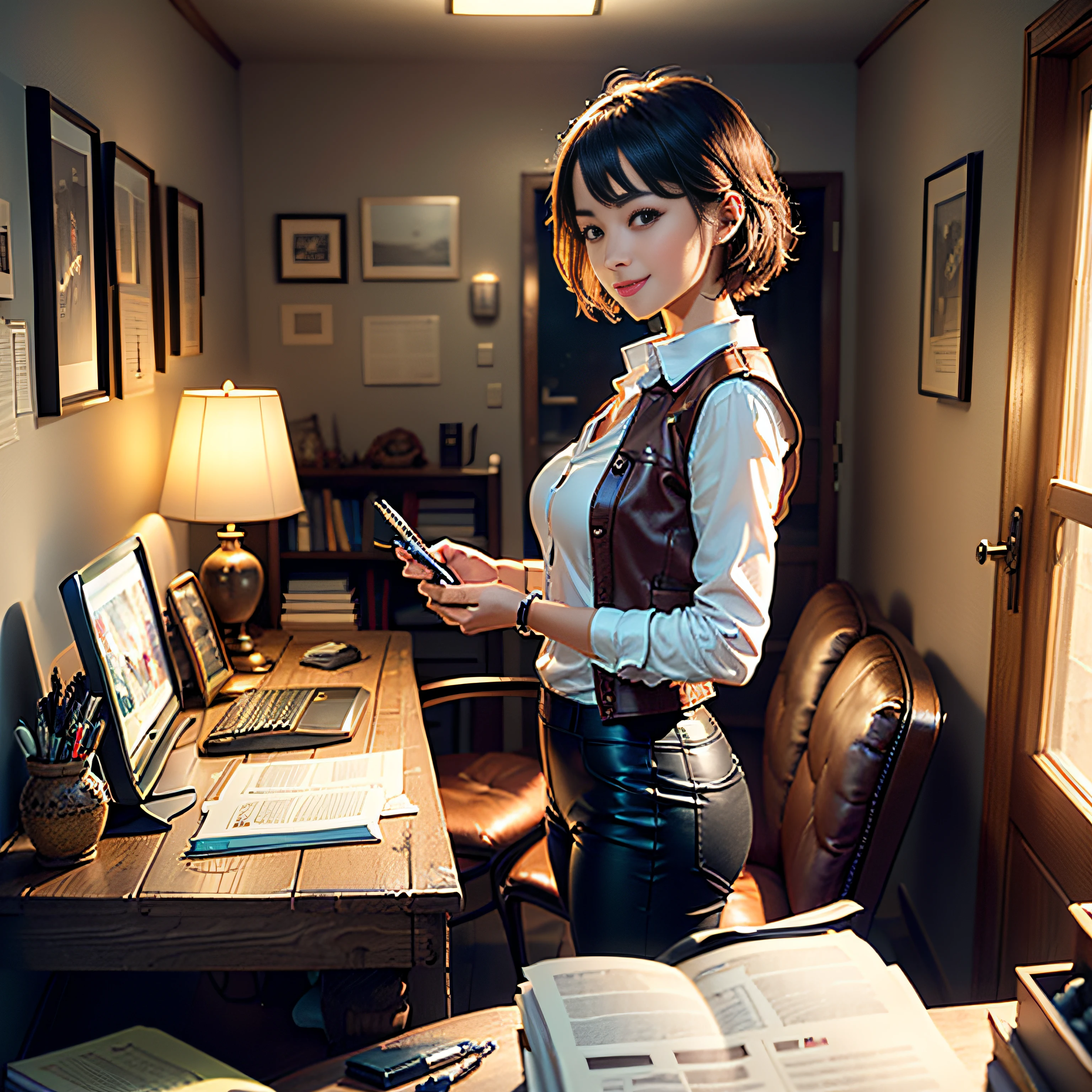 (masterpiece, highest quality, highest resolution, distinct_image, very elaborate CG, cinematic lighting, ray tracing, drop shadows, detailed detail, (photorealistic: 1.4), high quality textures, fine-grained, realistic face expression): (lone girl, face is Japan, brown short hair, hair tied back, small size breasts, sparkly eyes, eye level shot, facing forward, happy smile, beauty, slim body, holiday, own room, console game, computer, display, keyboard, mouse, long leather pants, white shirt with collar, leather vest, cardian, carrying leather bag on back, long boots, antique radio, coffee, model train, Bookshelves, wooden chairs, pots, fans, paintings, stuffed animals, ties, notebooks, stationery, vases, photo frames, letters, fountain pens, calendars, lamps, cushions, baskets, mirrors in profile, candles, newspapers, sweets, park view outside the window, telephone, fruit, telescope, retro TV)