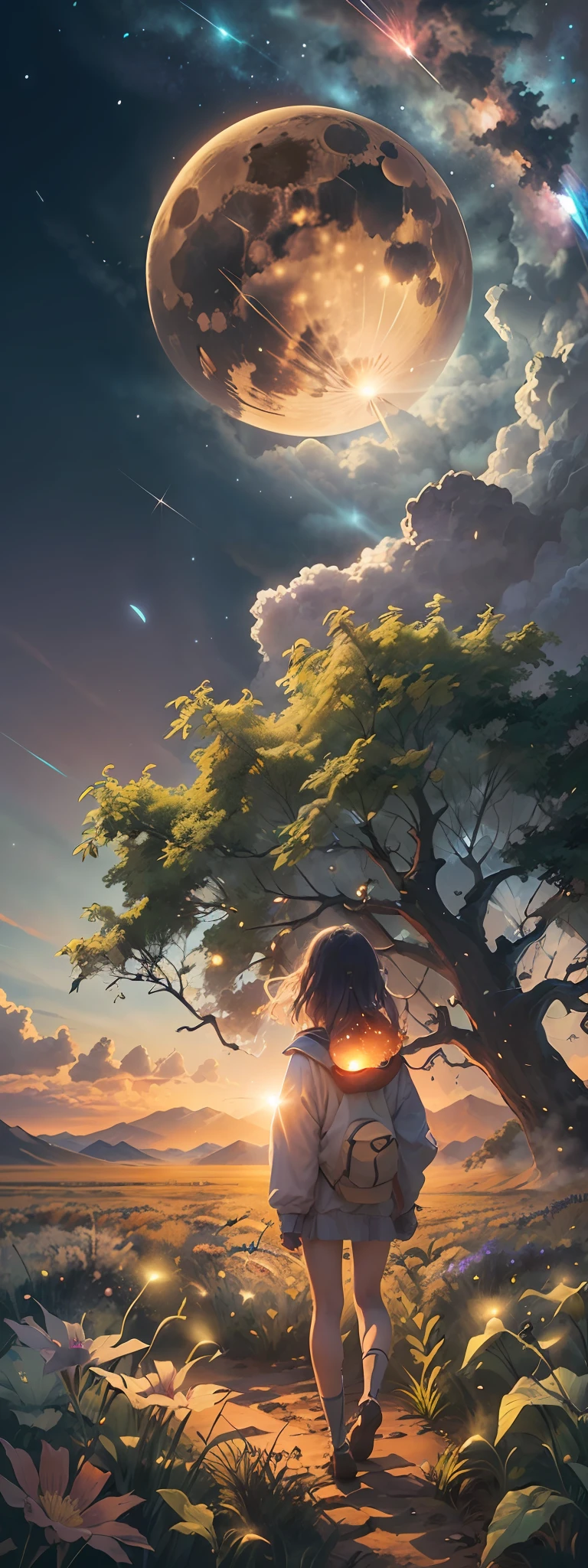Vast landscape photo, (viewed from below, the sky is above and the open field is below), a girl standing on a flower field looking up, (full moon: 1.2), (meteor: 0.9), (nebula: 1.3), distant mountains , Trees BREAK Crafting Art, (Warm Light: 1.2), (Fireflies: 1.2), Lights, Lots of Purple and Orange, Intricate Details, Volumetric Lighting, Realism BREAK (Masterpiece: 1.2), (Best Quality), 4k, Ultra-Detailed, (Dynamic Composition: 1.4), Very Detailed, Colorful Details, (Rainbow Colors: 1.2), (Glow Lighting, Atmospheric Lighting), Dreamy, Magical, (Solo: 1.2)