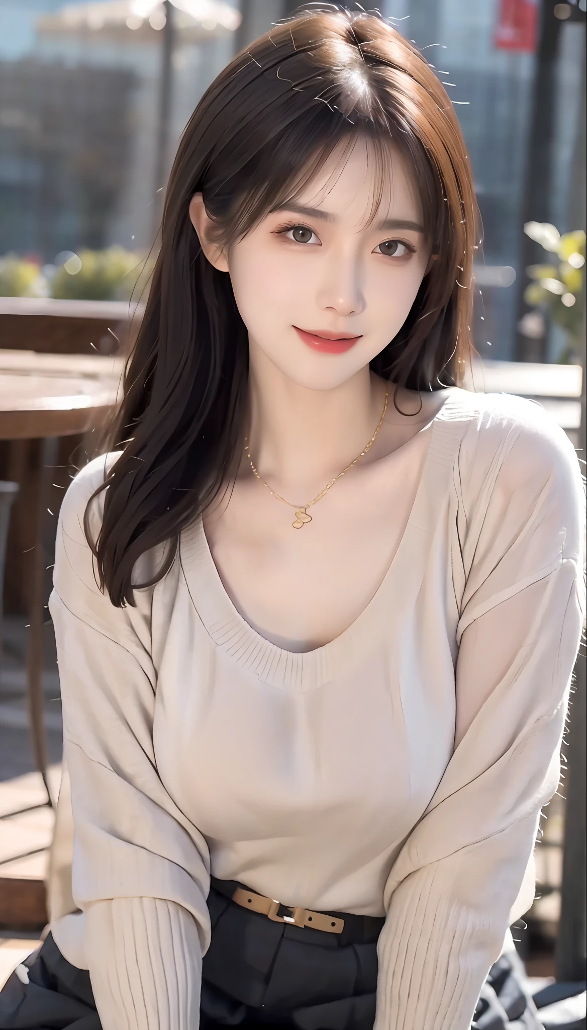 in focus, Full Body Photo (FLS), FHD, 1080P, 2K, 4K, 8K, Mind-bSoft illuminationlowing Details, Unfathomable, Leica camera, Full Length Shot (FLS), cute, Golden Ratio, Soft illumination, absorbing. Super detailed, extremely detailed, beautiful meticulous girl, 1 girl, (perfect female figure), full body, sweater, short skirt, long legs, no chest, background in bar.