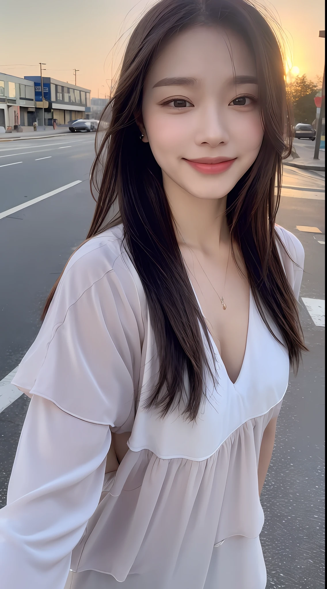 ((Top Quality, 8K, Masterpiece: 1.3)), Focus: 1.2, Perfect Beauty: 1.4, Butt: 1.2, ((Layered Hairstyle, Breasts: 1.2)), (Wet Clothes: 1.1), (Sunset, Street: 1.3), Halfway Dress: 1.1, Highly Detailed Face and Skin Texture, Narrow Eyes, Double Eyelids, Whitening Skin, Long Hair, (Shut Up: 1.3), Smile, Beauty Unreal