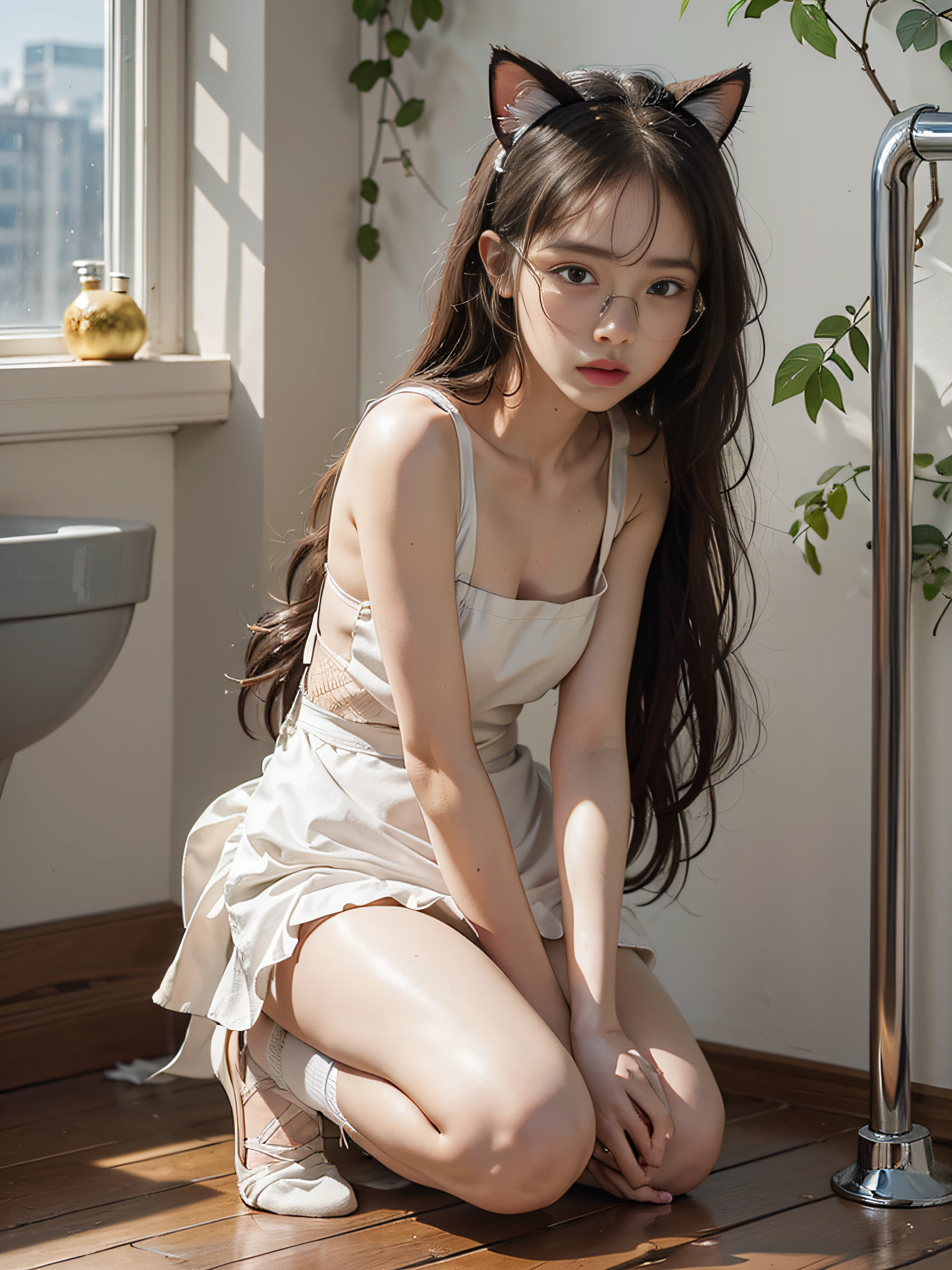 hyperrealistic), (illustration), (high resolution), (32K), (extremely detailed), (best illustration), (beautiful detailed eyes), (best quality), (ultra-detailed), (masterpiece), ( wallpaper), (detailed and delicate face), solo, pee yourself, pee on legs, surrounded by other people, highly detailed face and skin texture, detailed eyes, double eyelids, twisted braid with ball head with hairpin, large-rimmed glasses, pink tulip sweet pure lust print embroidered swimsuit, Wearing cat ears, kneeling on both knees, nervously bowing her head, shy, embarrassed provoked and shocked, standing with her legs open, on the dry toilet floor, a small pool of her own urine is forming around her feet, very desperate to urinate, pee, wet yourself, urination, tears, fear, despair, panic, high detail, ballet dancing with a big belly in pregnant October, feet in ballet shoes, (dynamic pose), 1 girl, white wavy hair on the toilet bowl, Japanese, heterochromia, small moles under the eyes, (( Apron)), big breasts, long legs, tight abs, wearing large-rimmed glasses, (camel toe), (fishnet socks), (no panties), (no bra)