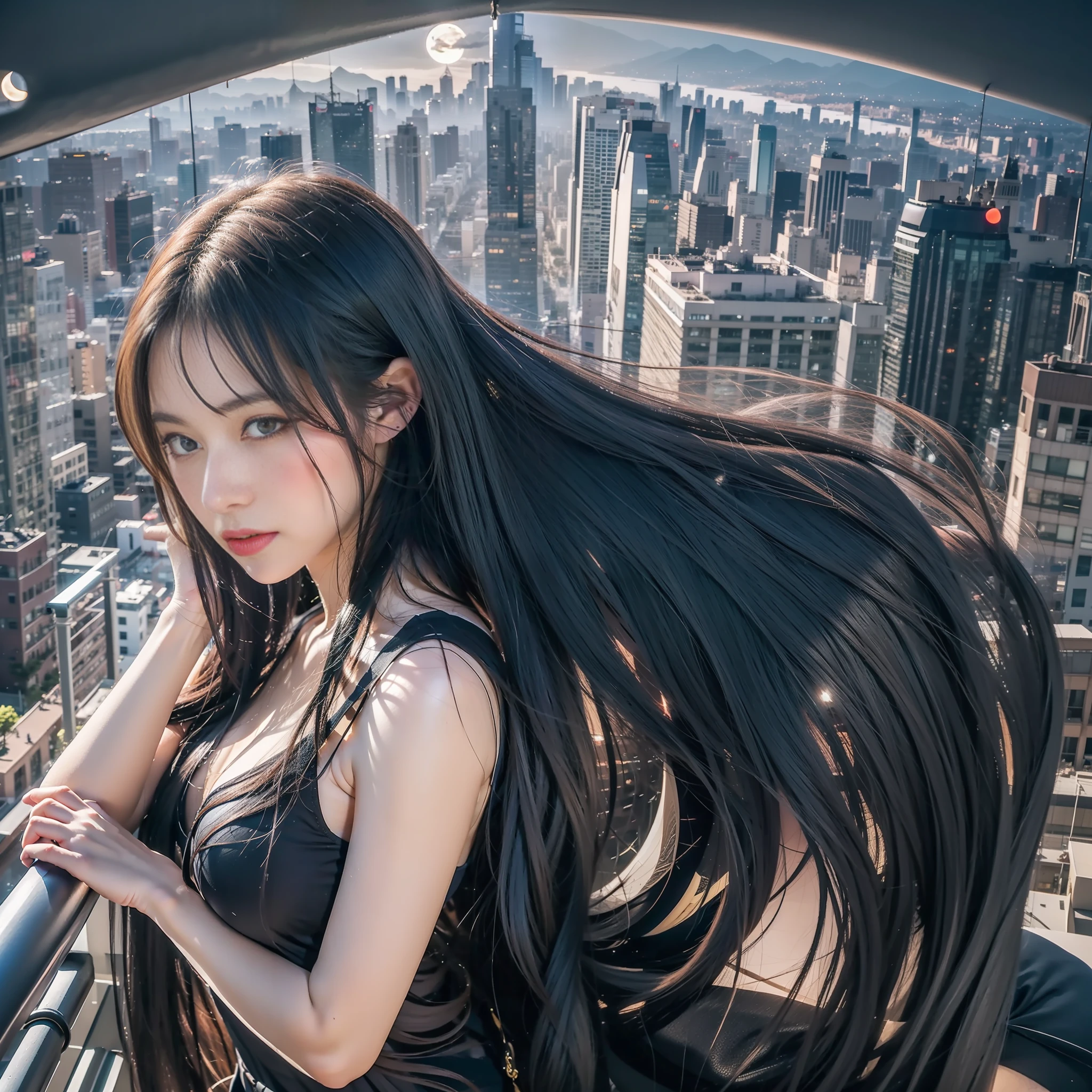 A girl with long blue hair is on the tallest building in the city with the moon hanging in the sky