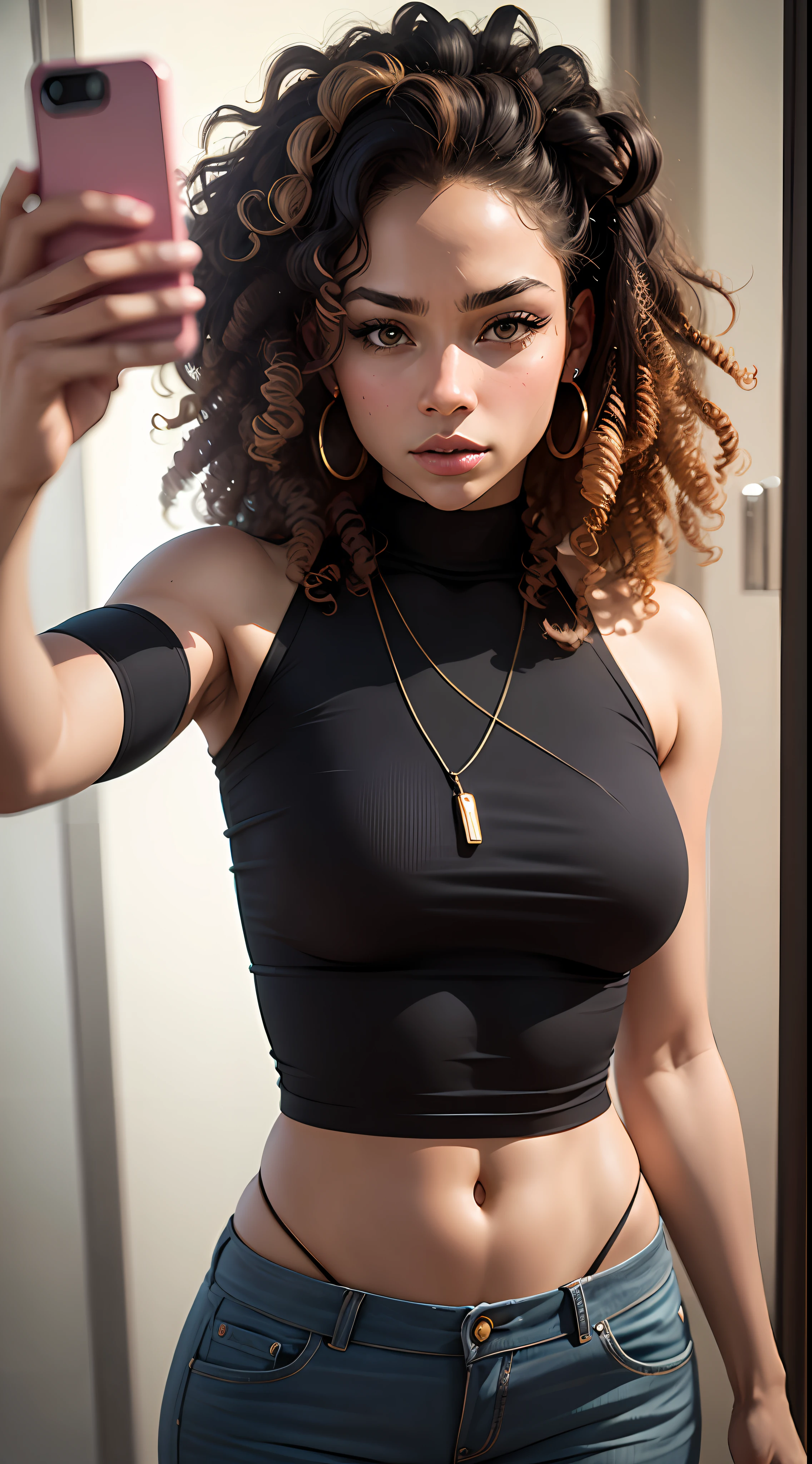 Ultra realistic photo, woman (mulatto) (curly hair)(big serious) taking selfie