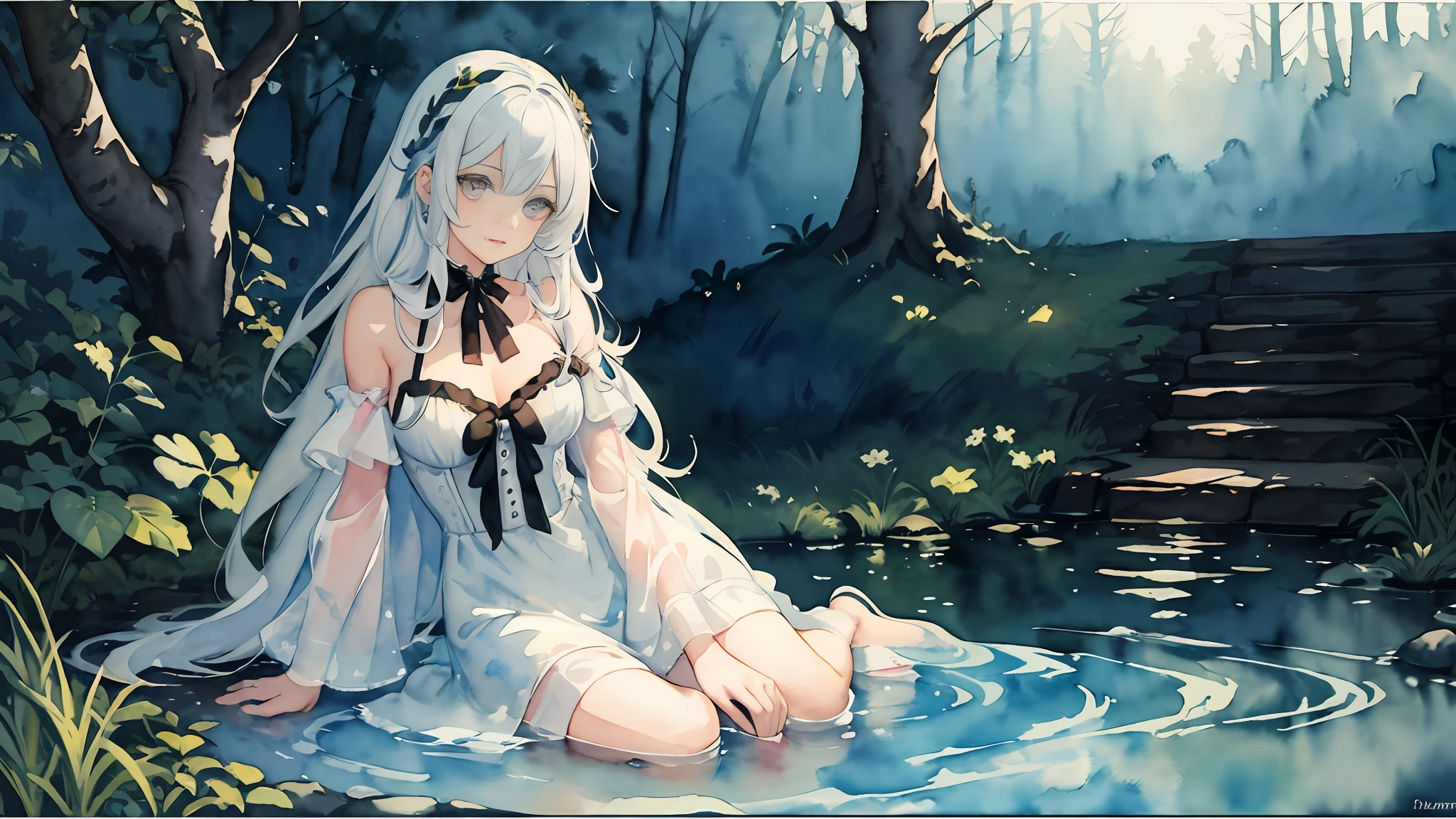 (highest quality), (masterpiece: 1.2), (colorful: 0.9), ((ink splash)), (color splashing), (((watercolor)))), clear focus, model shot, full body,
(Summer Portrait Goddess: 1.5), cute look, elegant white colored hair, beautiful detailed face and eyes, elegant goddess clothes, ((Summer forest background)),
Colored Water, Forest,(((watercolor))))