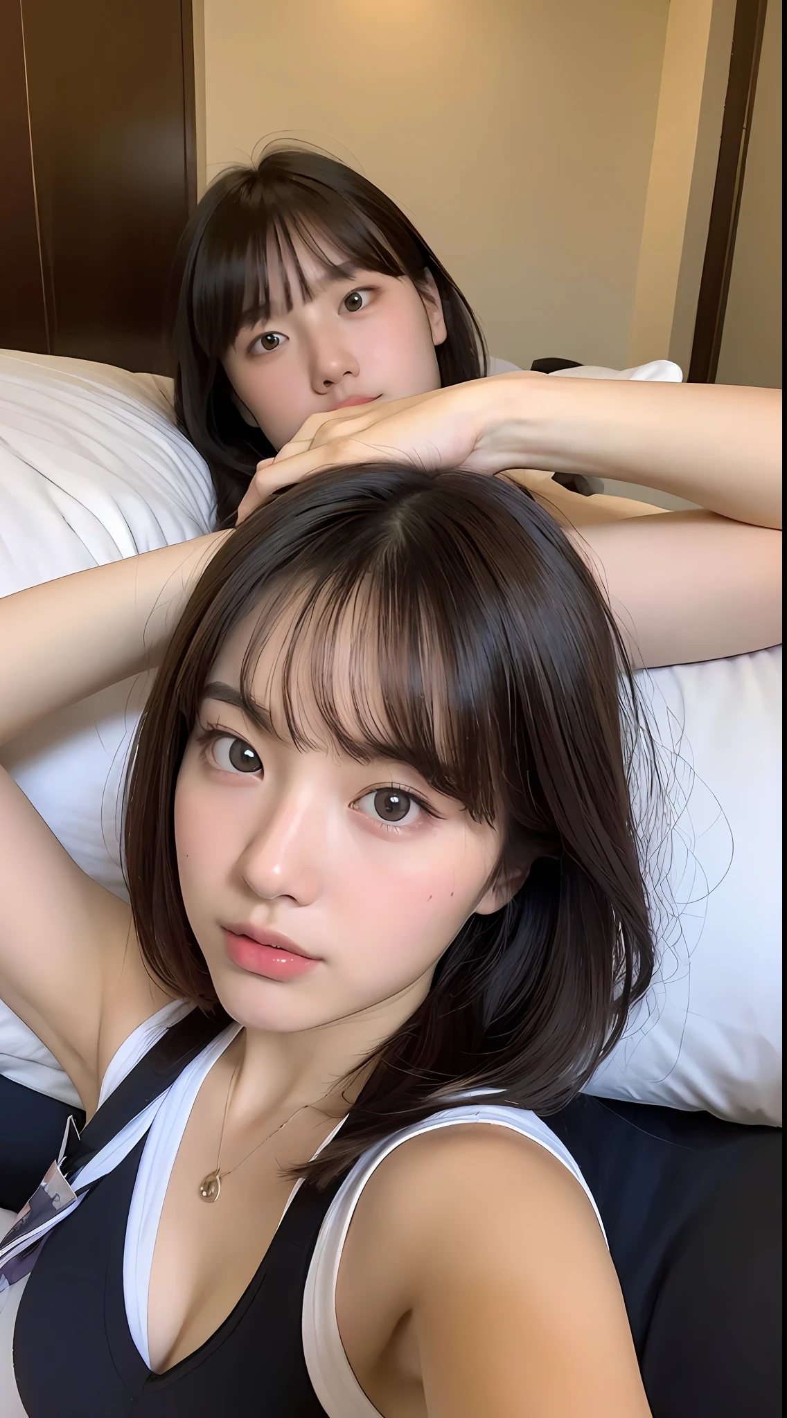 ((Top Quality, 8k, Masterpiece: 1.3)), 1 Girl, Beauty: 1.3, (Casual Hairstyle, Big: 1.2), Super Detail Face, Delicate Eyes, Double Eyelids, Soft Breasts, High School Student in School Uniform, Lying on her back on a hotel bed looking at me, With bangs, Blur background