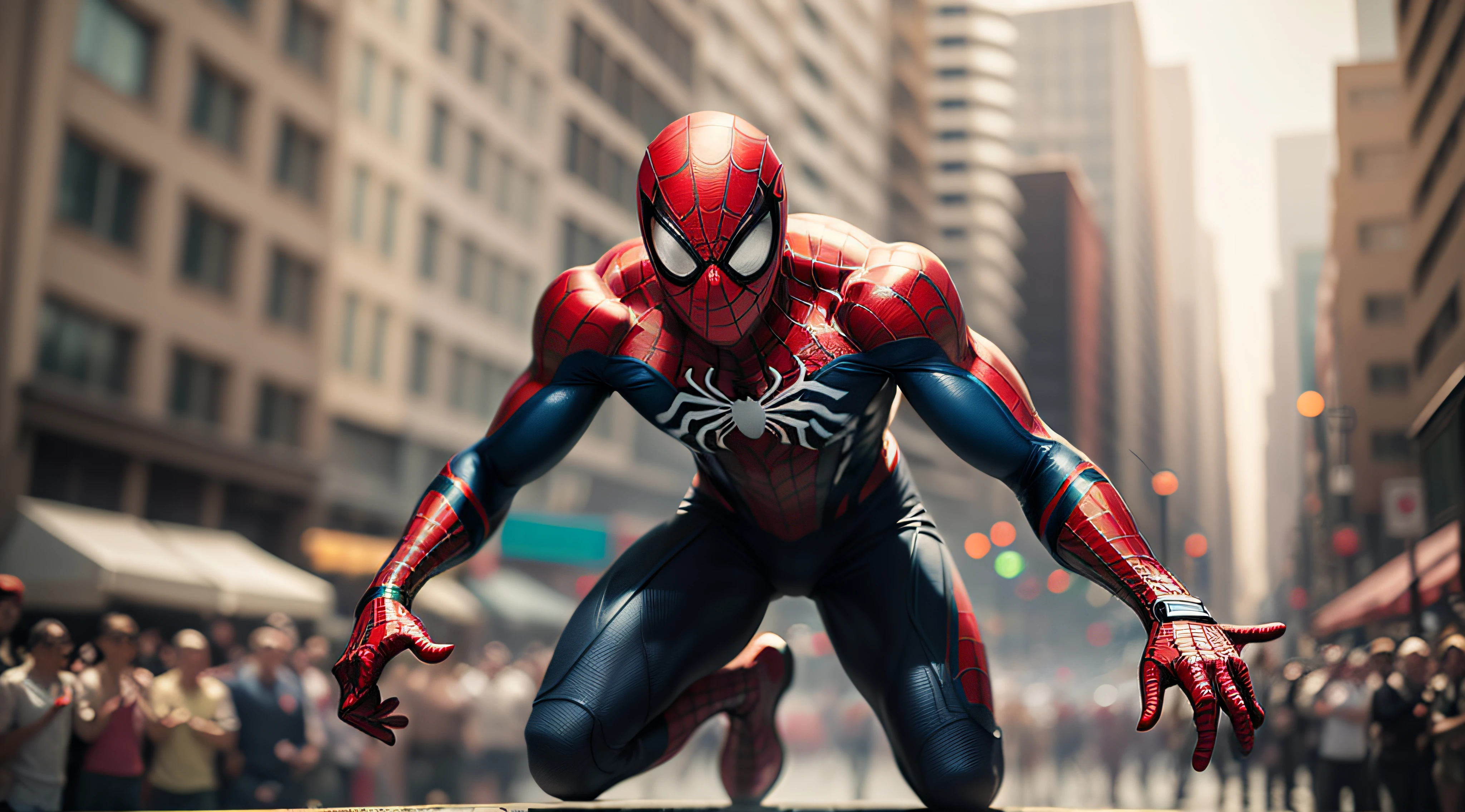 Tom cruise as a spider man , walking in crowd,blur Nikon camera image, masterpiece, realistic,top quality
