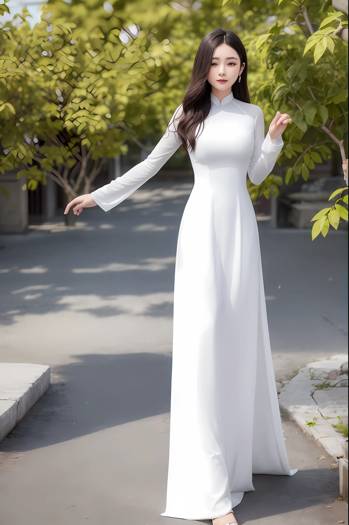 araffe woman in a white dress standing in front of a tree, ao dai, long white dress, white hanfu, ancient white dress, white polygonal dress, in a long white dress, in style of lam manh, beautiful long white dress, full length view, white gown, elegant white dress, long dress female, 4k