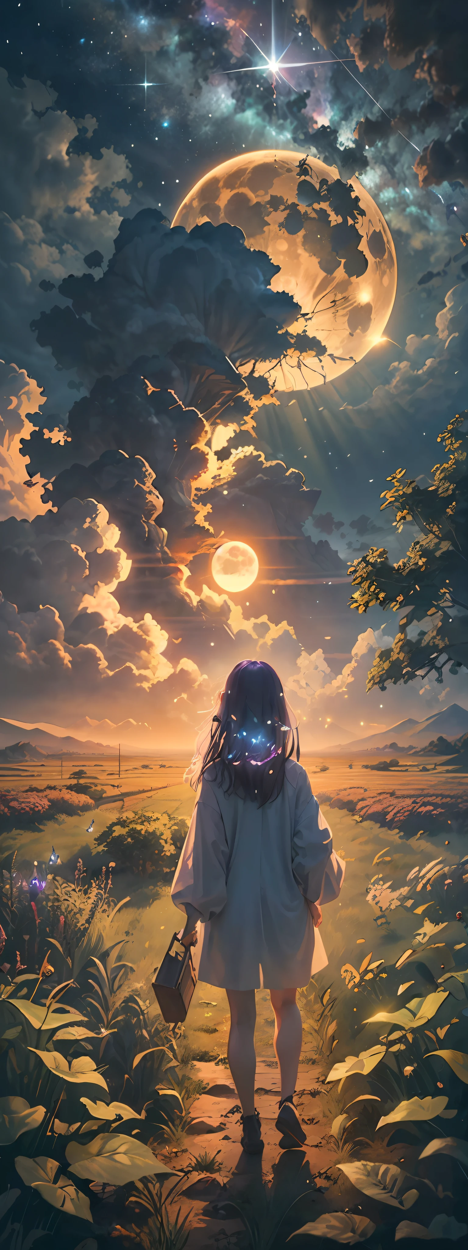 Vast landscape photo, (viewed from below, the sky is above and the open field is below), a girl standing on a flower field looking up, (full moon: 1.2), (meteor: 0.9), (nebula: 1.3), distant mountains , Trees BREAK Crafting Art, (Warm Light: 1.2), (Fireflies: 1.2), Lights, Lots of Purple and Orange, Intricate Details, Volumetric Lighting, Realism BREAK (Masterpiece: 1.2), (Best Quality), 4k, Ultra-Detailed, (Dynamic Composition: 1.4), Very Detailed, Colorful Details, (Rainbow Colors: 1.2), (Glow Lighting, Atmospheric Lighting), Dreamy, Magical, (Solo: 1.2)