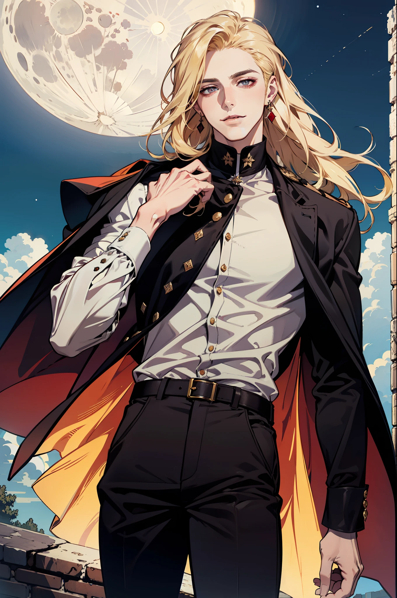 (absurdres, highres, ultra detailed), 1man, 30 years old man, adult man, handsome, tall,, finely detailed eyes and detailed face, brown leather pants, white shirt, night, smile, dutch angle, ((long hair, blonde hair)), moon, gold details, earrings, gothic, vampire, vampire prince, dark, simple clothes, looking at the view, pale skin, red detailed eyes, (masculine), sexy, elegant