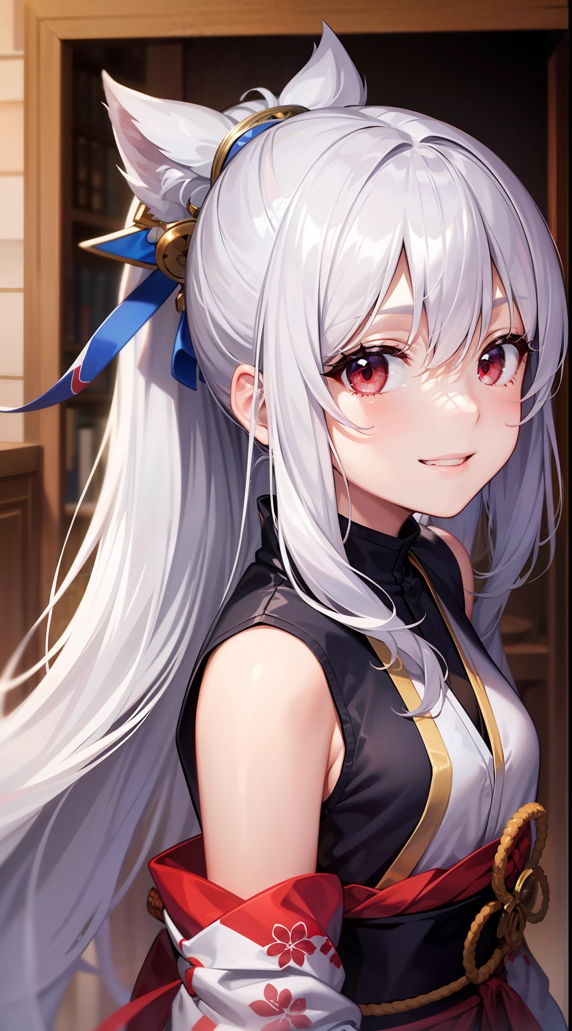 Young girl, long white hair, high ponytail, red eyes, blue sleeveless samurai kimono, smile, masterpiece, high quality