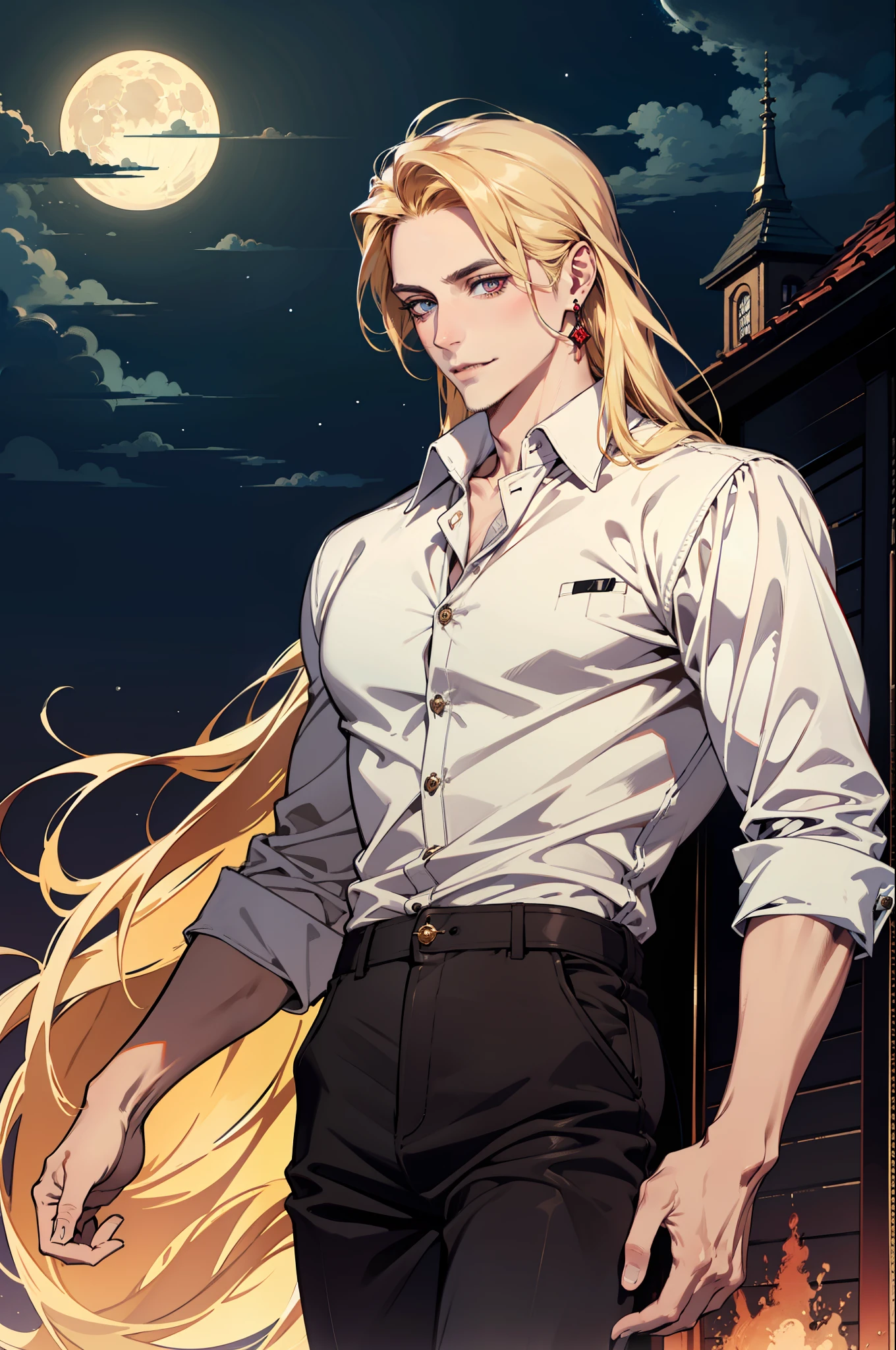 (absurdres, highres, ultra detailed), 1man, 30 years old man, adult man, handsome, tall,, finely detailed eyes and detailed face, brown leather pants, white shirt, night, smile, dutch angle, ((long hair, blonde hair)), moon, gold details, earrings, gothic, vampire, vampire prince, dark, simple clothes, looking at the view, pale skin, red detailed eyes, (masculine), sexy, elegant