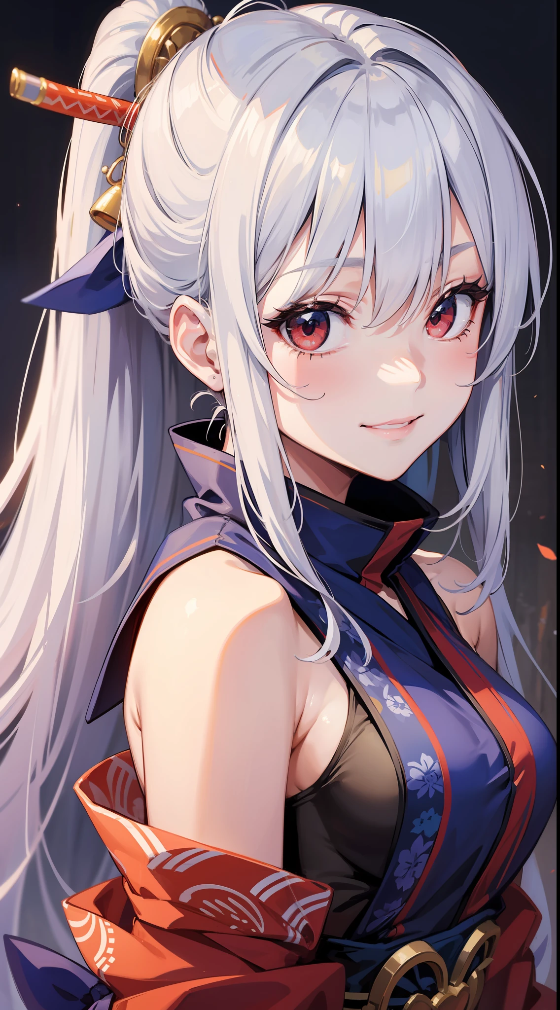 Young girl, long white hair, high ponytail, red eyes, blue sleeveless samurai kimono, smile, masterpiece, high quality
