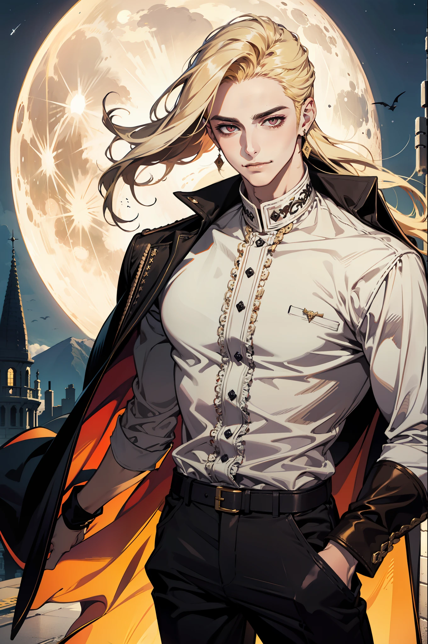 (absurdres, highres, ultra detailed), 1man, 30 years old man, adult man, handsome, tall,, finely detailed eyes and detailed face, brown leather pants, white shirt, night, smile, dutch angle, ((long hair, blonde hair)), moon, gold details, earrings, gothic, vampire, vampire prince, dark, simple clothes, looking at the view, pale skin, red detailed eyes, (masculine), sexy, elegant