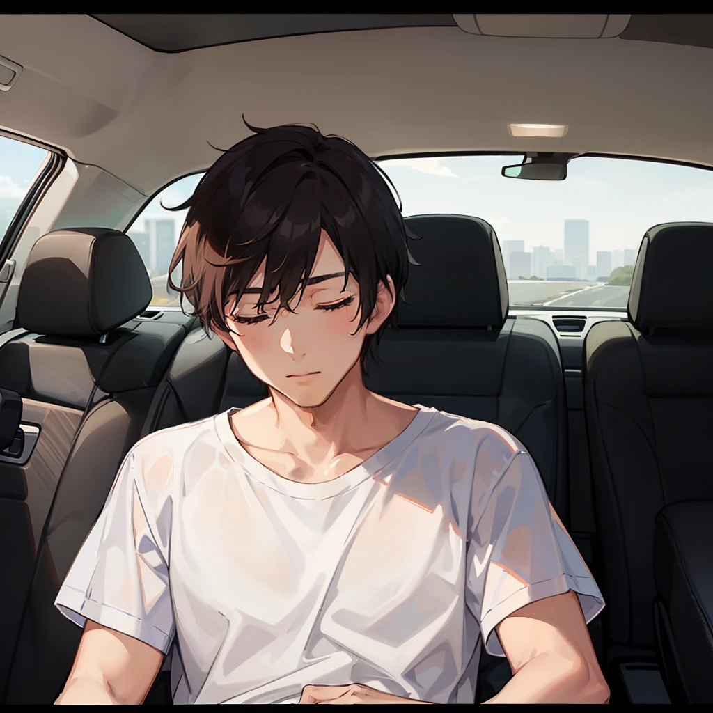 (A man in a white T-shirt 1.4)
(Show upper body 1.4)
(Eyes closed 1.3)
(1.3 in the back of the car)
