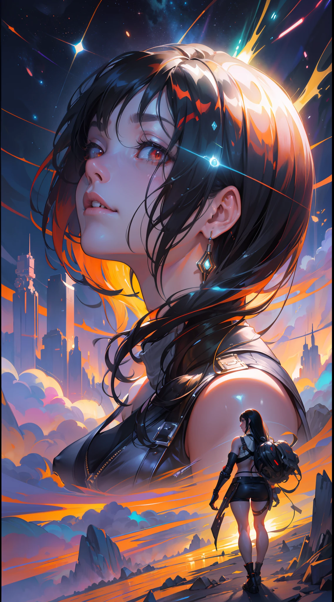 tifa ff7, oil on matte canvas, sharp details, the expanse scifi spacescape ceres colony, intricate, highly detailed, digital painting, rich color, smooth, sharp focus, illustration, Unreal Engine 5, 8K, art by artgerm and greg rutkowski and alphonse mucha