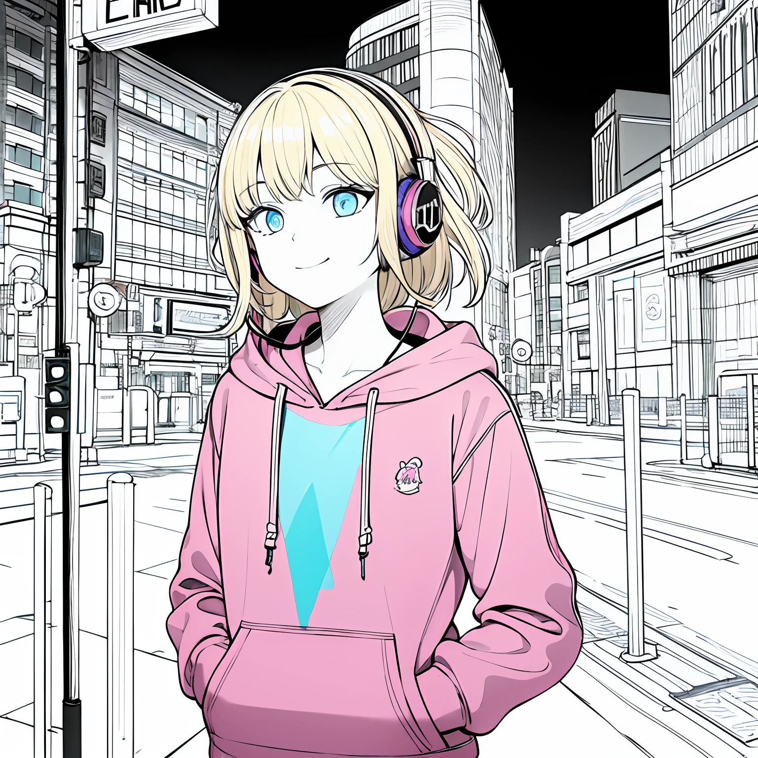 portrait, best masterpiece,1girl,solo,incredibly absurd,pink hoodie,headphones, street, outdoor, neon lights, light smile, hoodie, hands in pockets, looking away, sideways, lineart, blue eyes, blonde hair